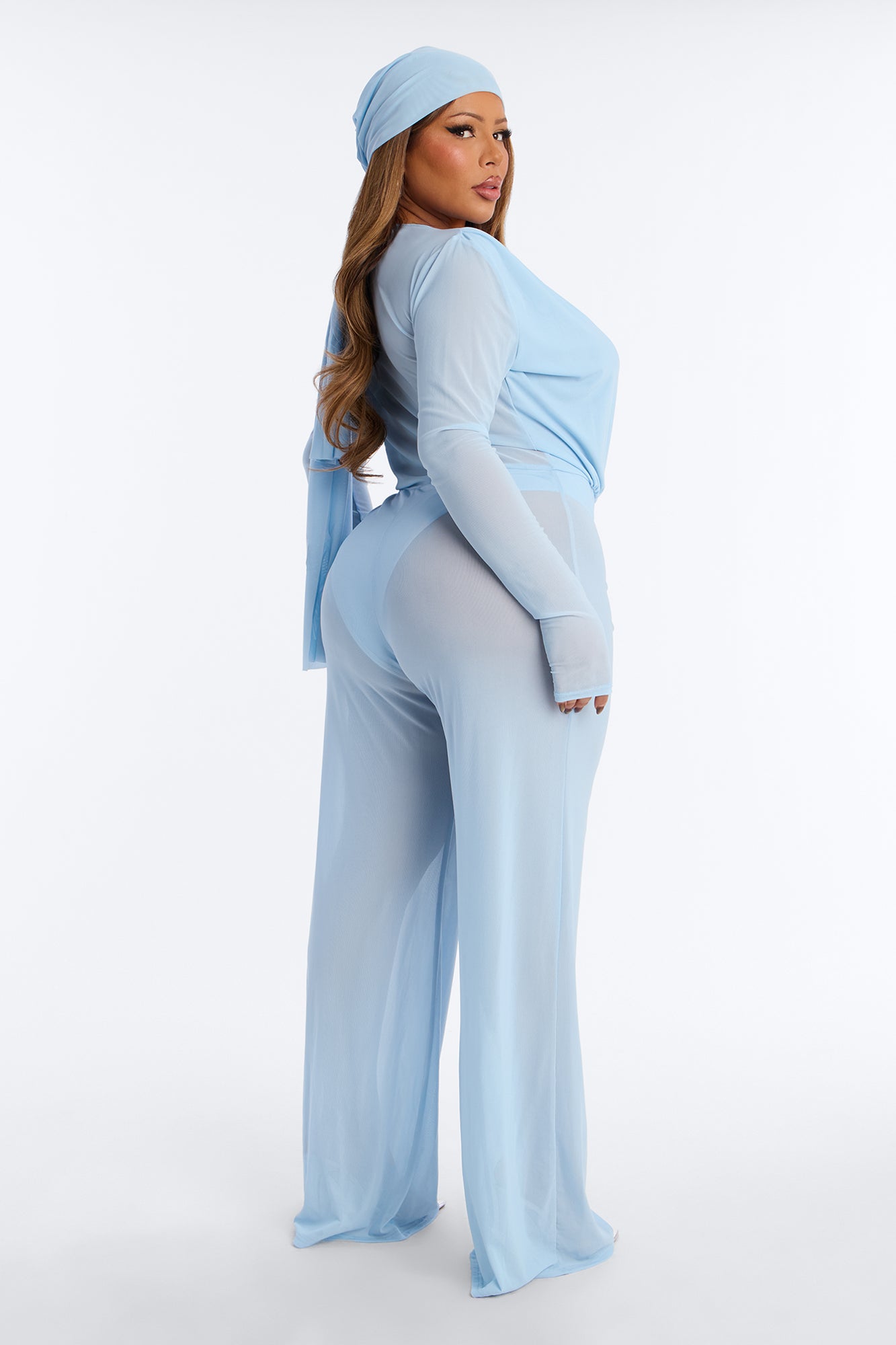 Sara Plunge Neck Jumpsuit And Headscarf 2 Piece Set - Light Blue