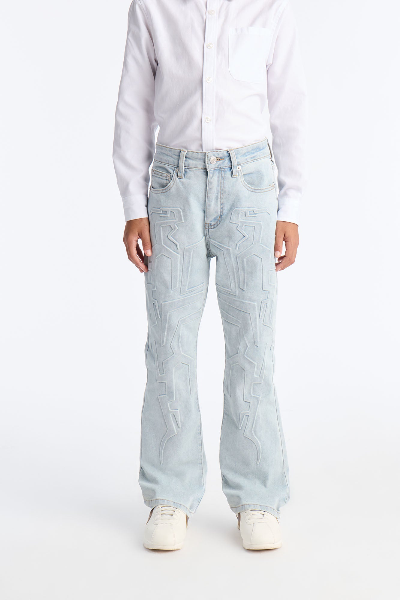 Mini Stacked Slim Flare Embossed Jinu Jean - Light Wash