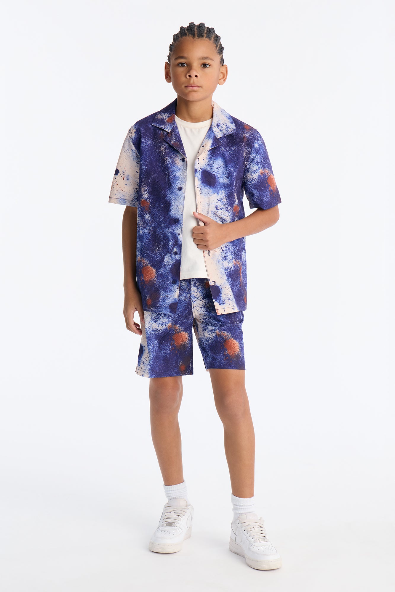 Mini Relaxed Oxide Seersucker Cuban Collar Button Up Shirt - Blue