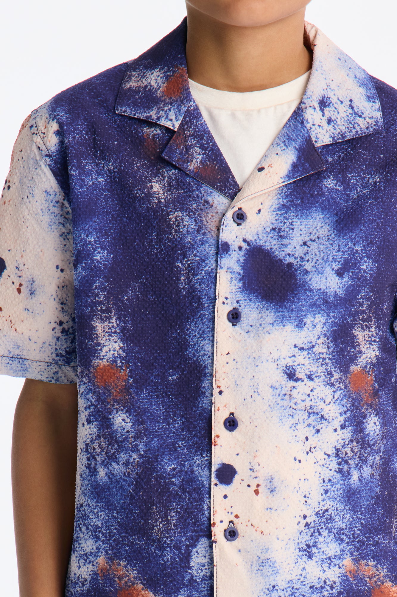 Mini Relaxed Oxide Seersucker Cuban Collar Button Up Shirt - Blue