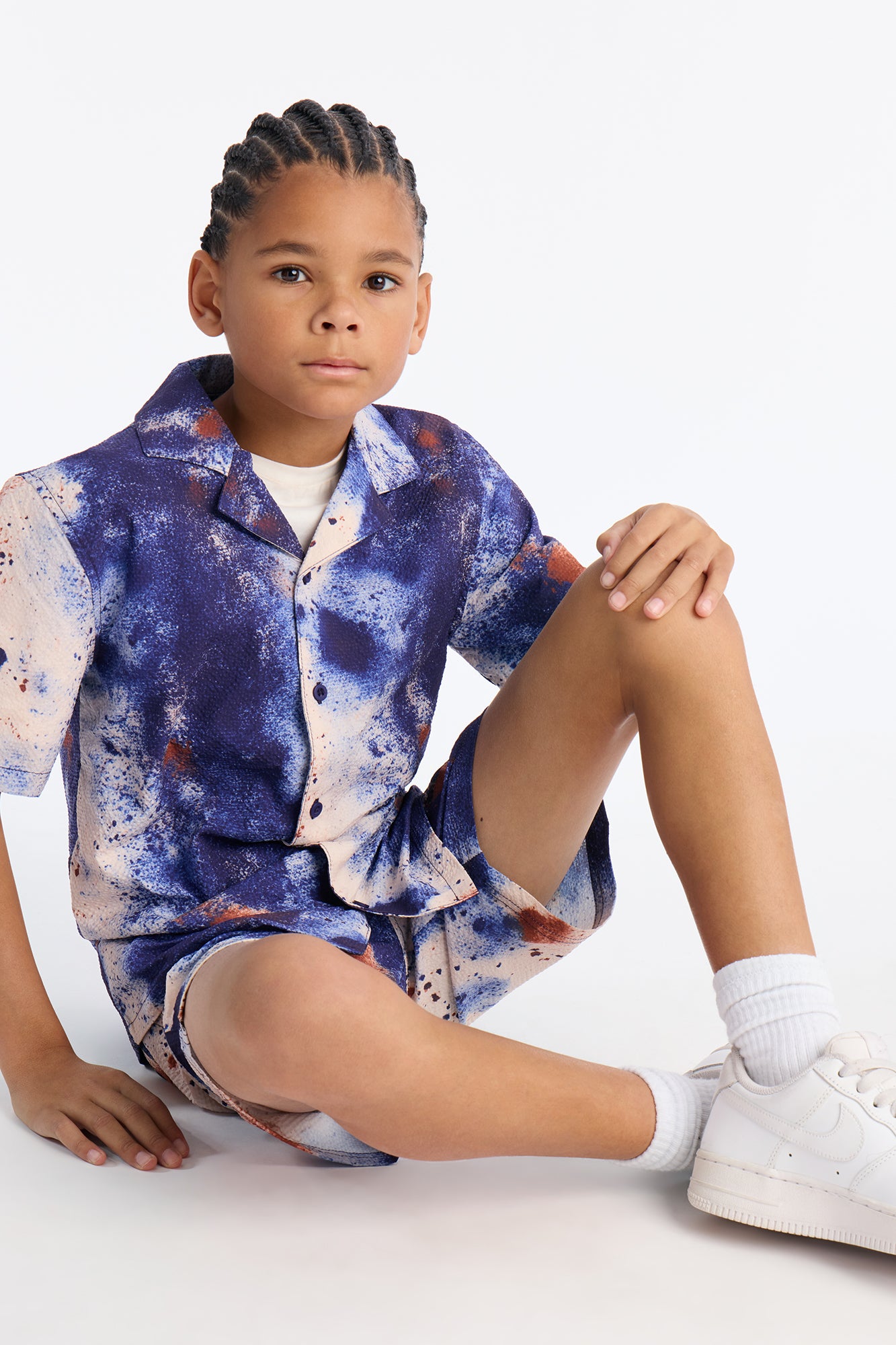 Mini Relaxed Oxide Seersucker Cuban Collar Button Up Shirt - Blue