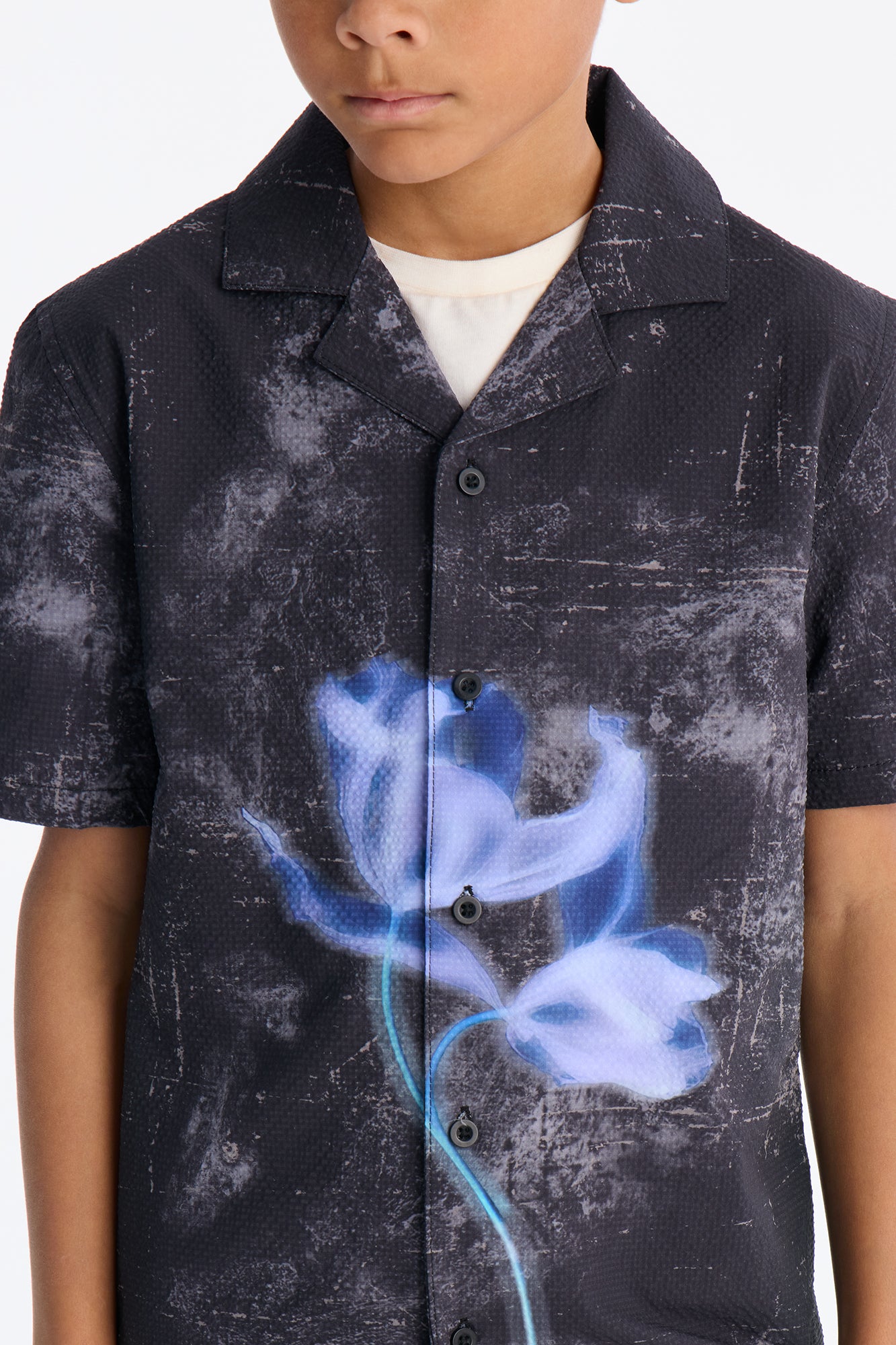 Mini Relaxed Violetstatic Seersucker Cuban Collar Button Up Shirt - Black