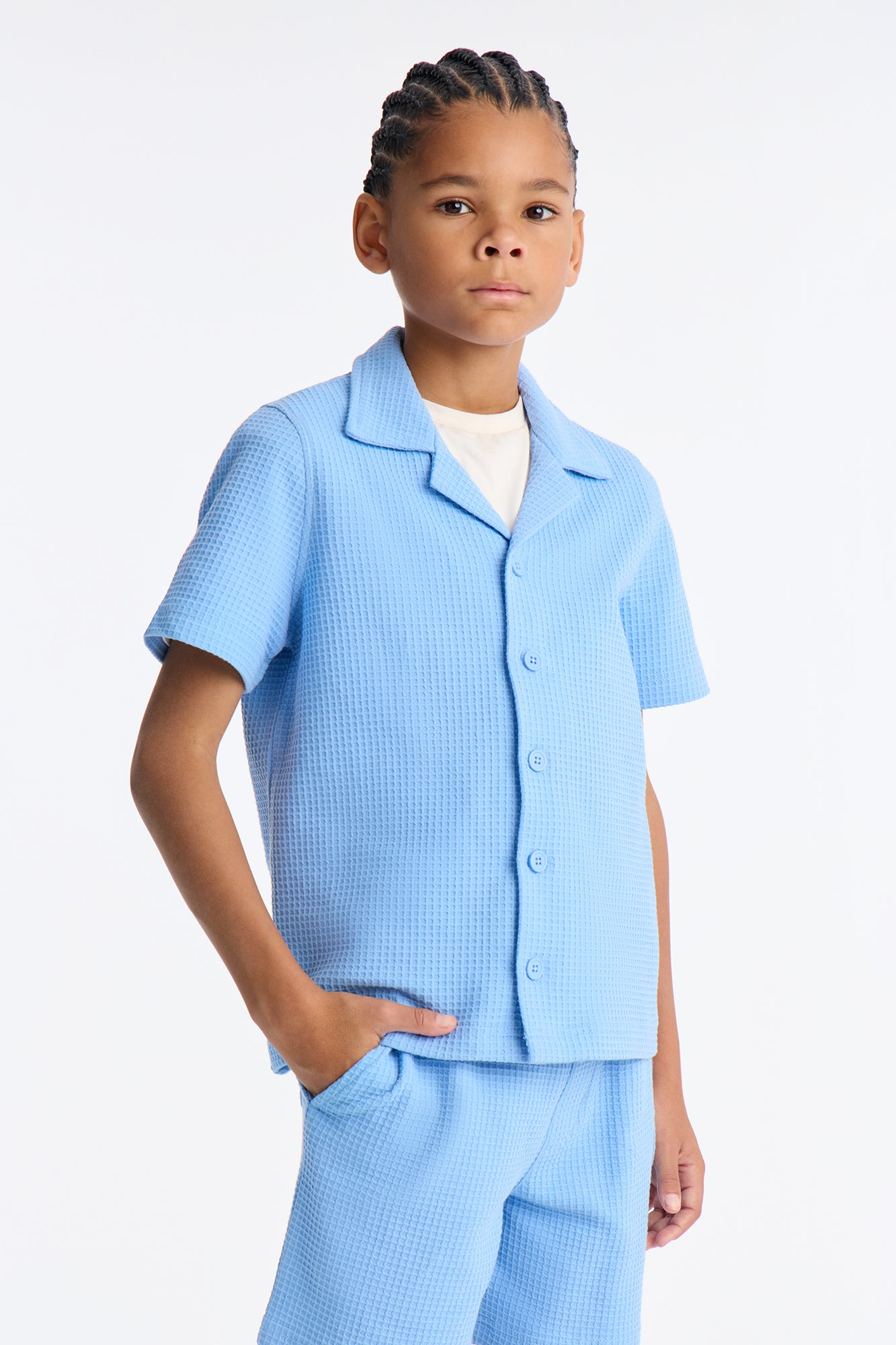 Mini Culver City Waffle Knit Button Up - Light Blue