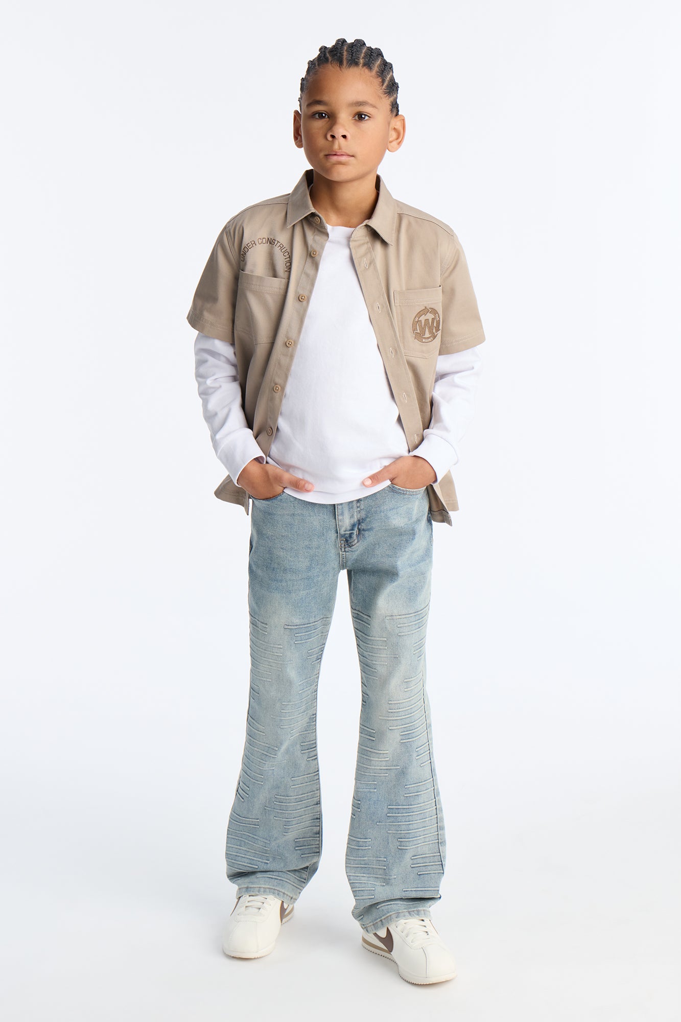 Mini Stacked Skinny Flare Embossed Vertigo Line Jean - Light Wash