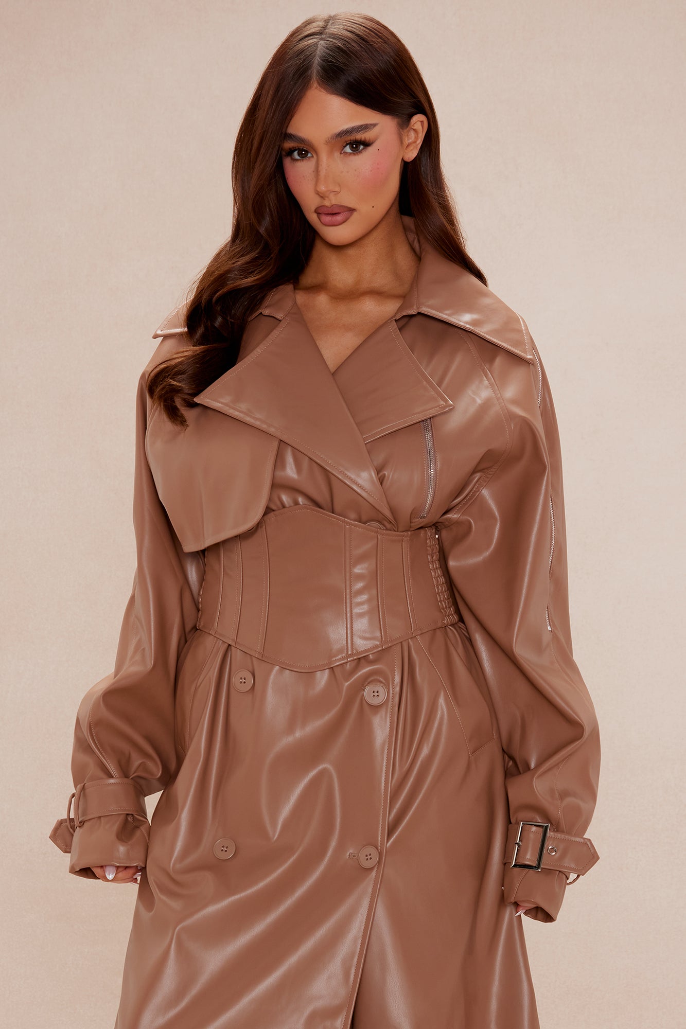 Kendra Faux Leather Trench Coat - Camel