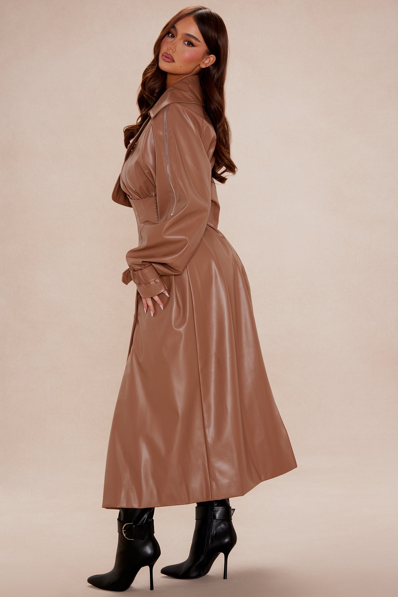 Kendra Faux Leather Trench Coat - Camel