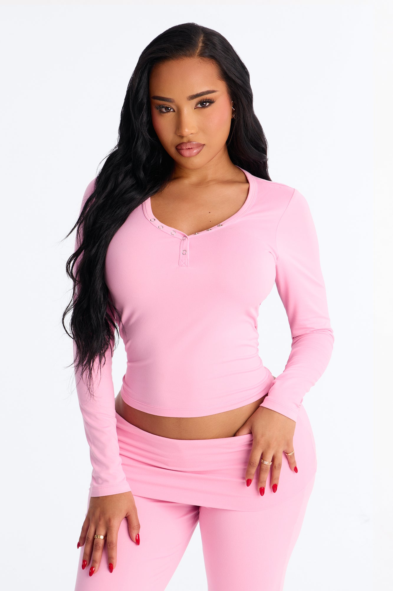 Sleepy Mood Long Sleeve Foldover Flare Leg PJ Pant Set - Pink
