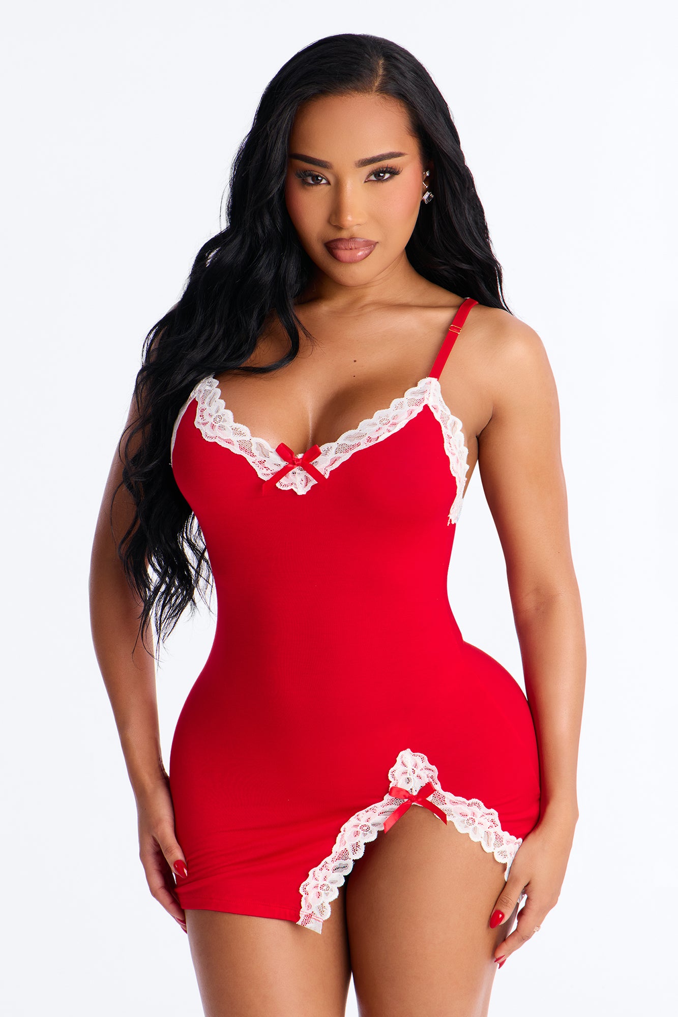 Take It All Lace Trim Stretch Chemise - Red/White