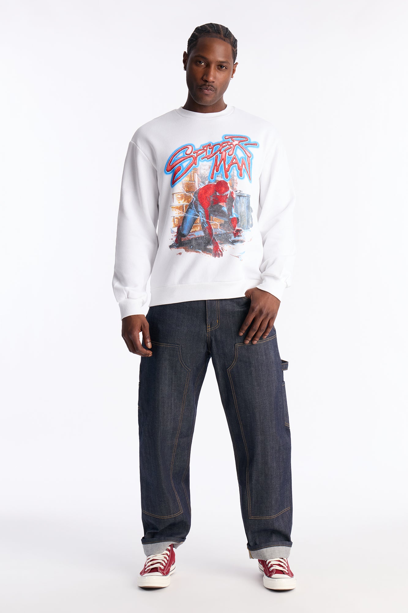 Marvel Spiderman Crawling Spider Crew Neck Sweatshirt - White