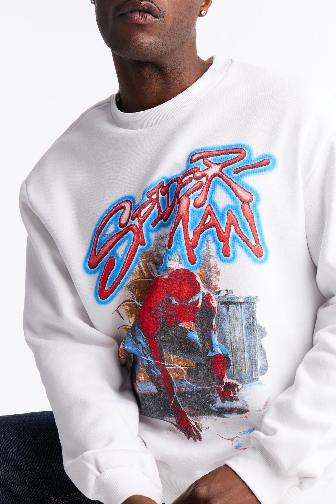 Marvel Spiderman Crawling Spider Crew Neck Sweatshirt - White