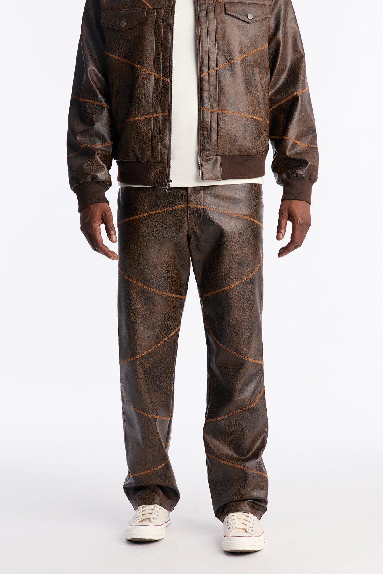 Straight Vintage Chainstitch Faux Leather Pant - Brown