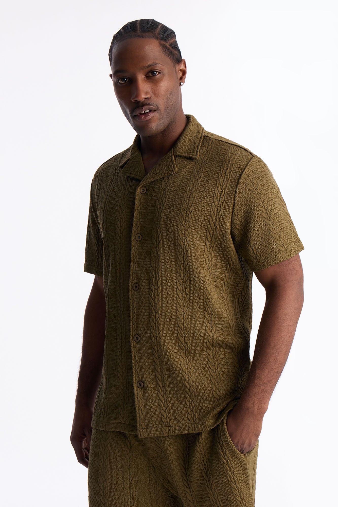 Textured Stripes Cuban Short Sleeve Button Up Shirt - Olive