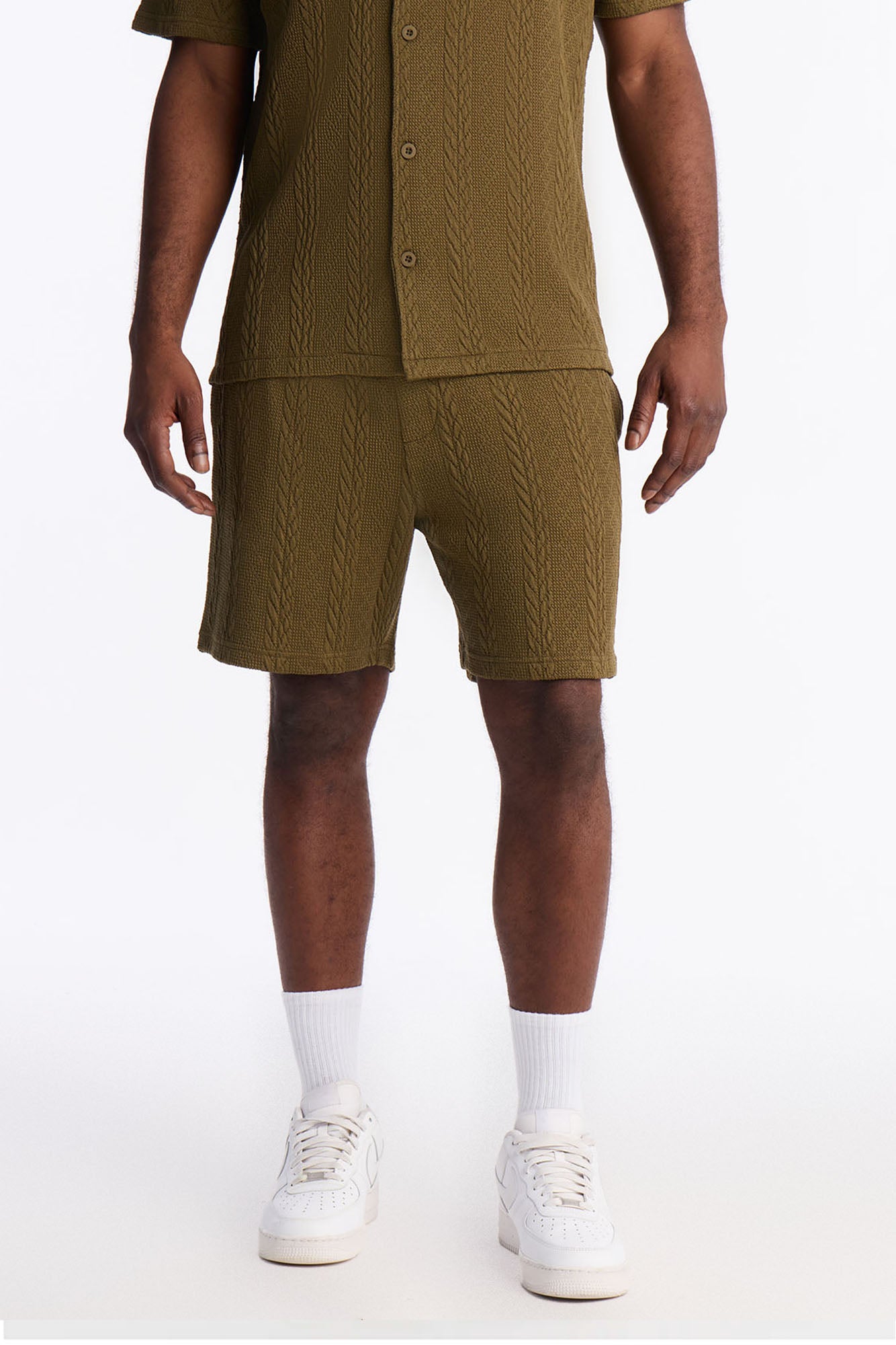 Textured Stripes Relaxed Drawstring Shorts - Olive