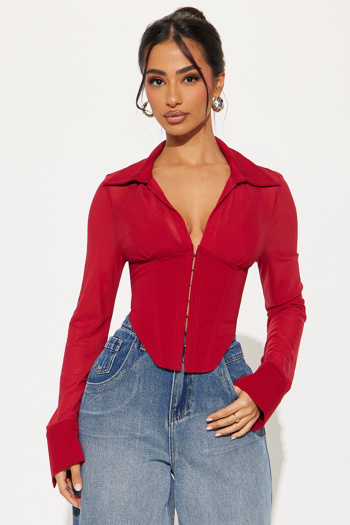 Secret's Out Mesh Corset Top - Burgundy