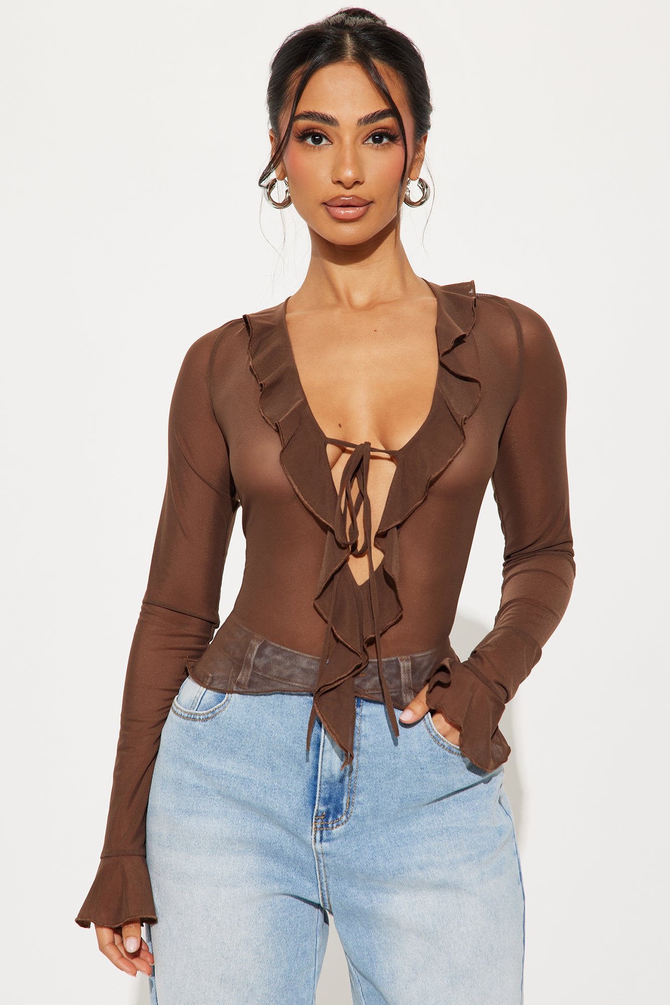 Brooklyn Long Sleeve Ruffle Top - Chocolate