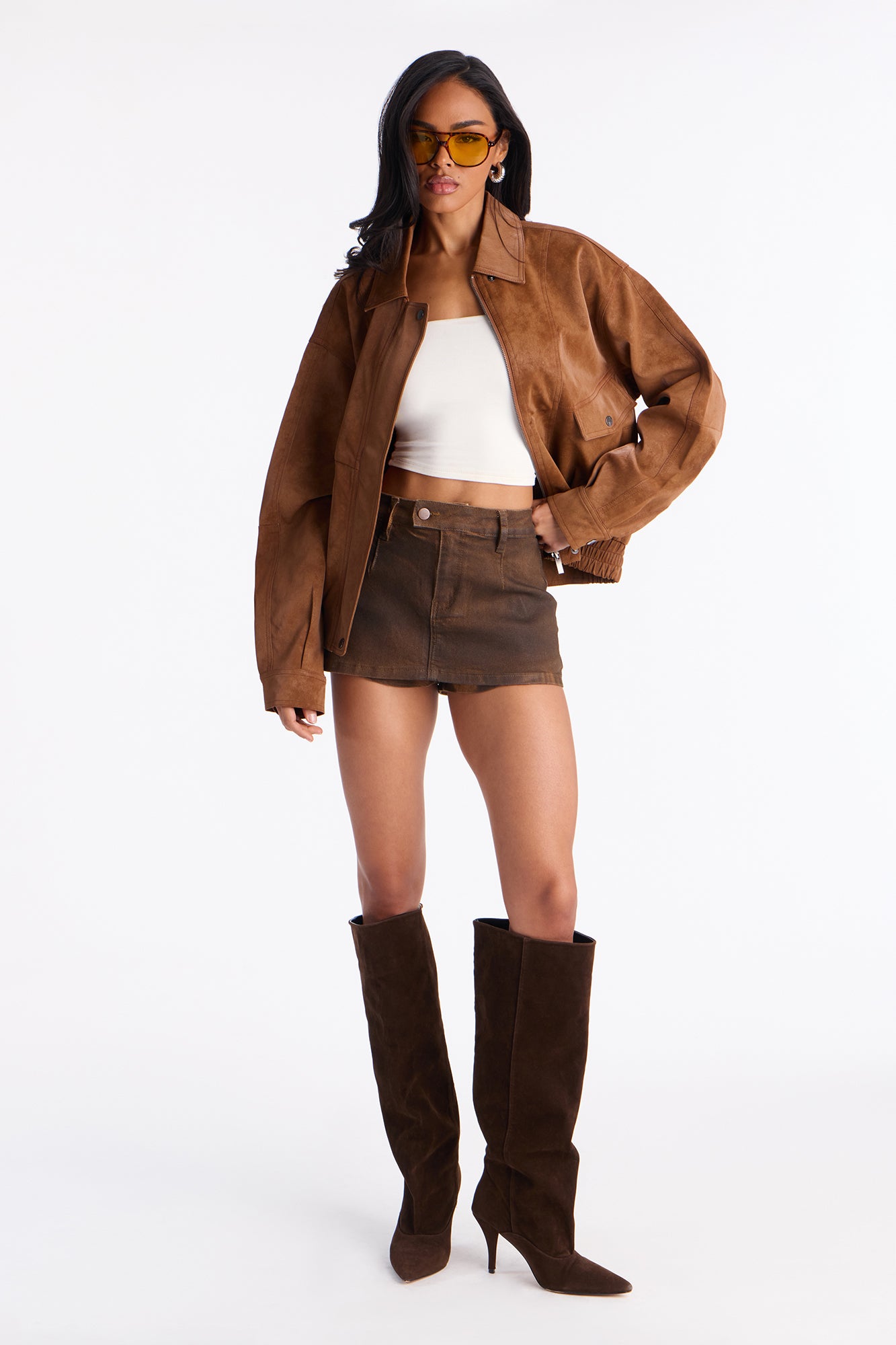 Corey Washed Faux Leather Bomber Jacket - Tan