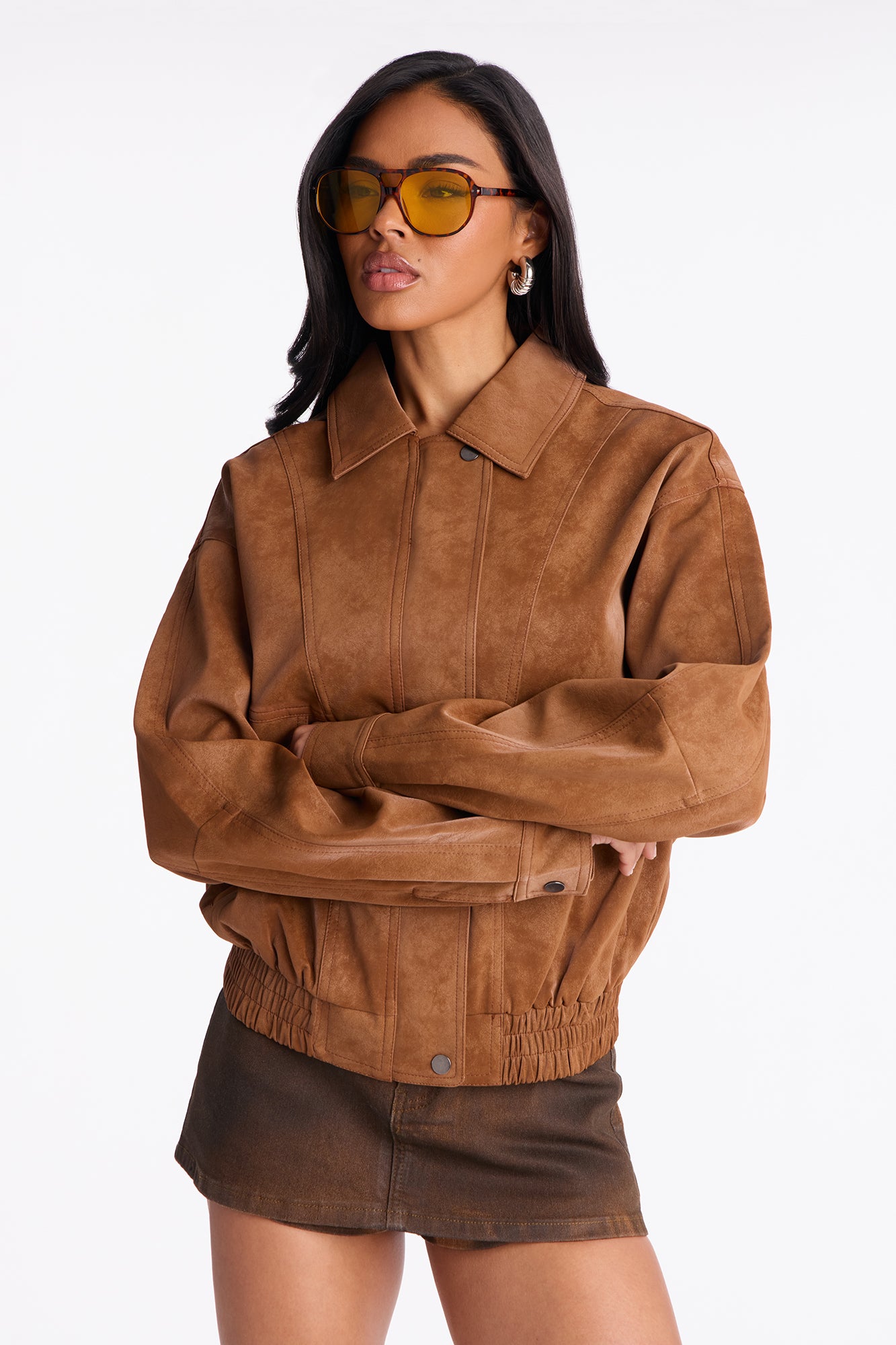 Corey Washed Faux Leather Bomber Jacket - Tan