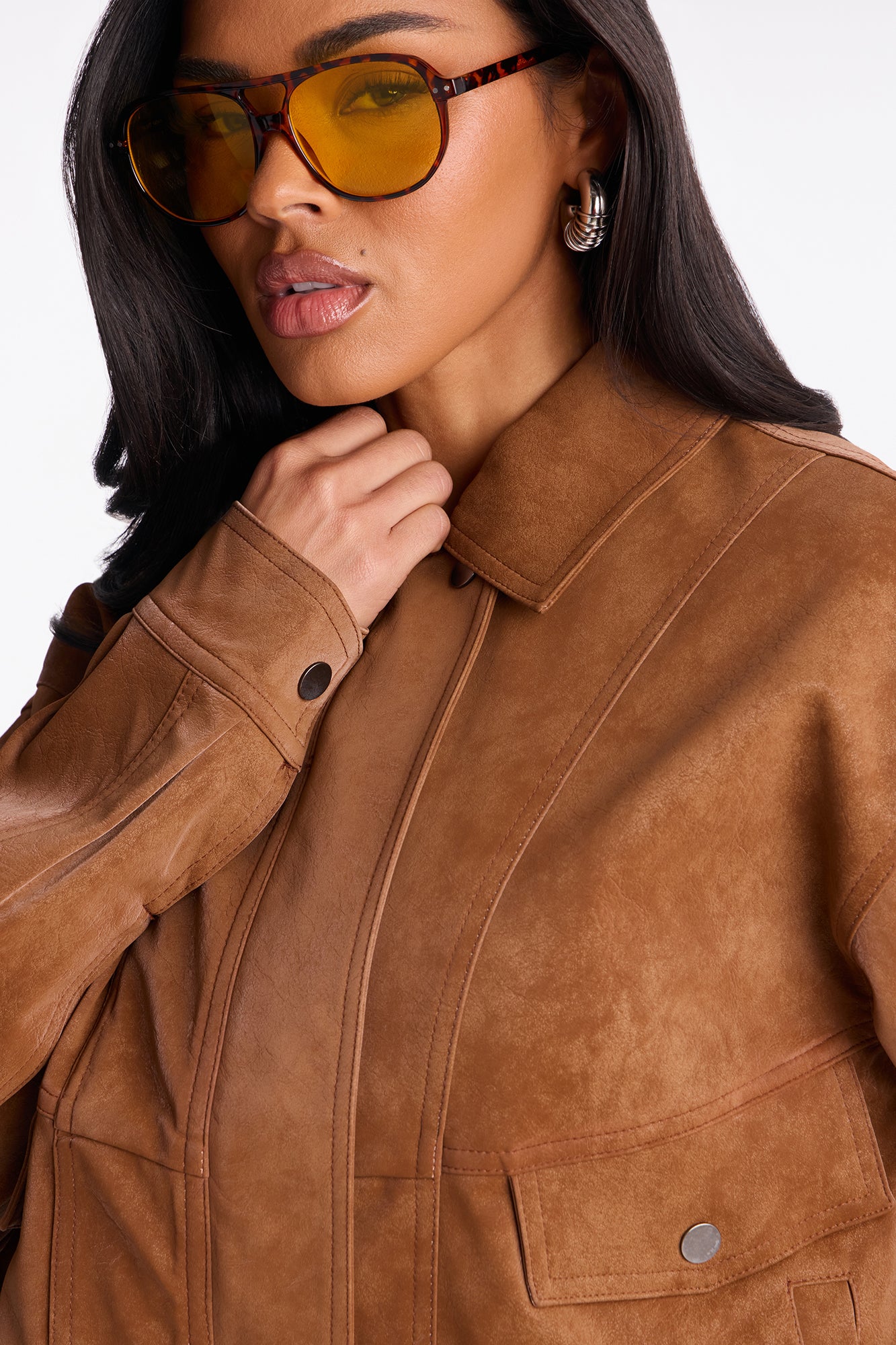 Corey Washed Faux Leather Bomber Jacket - Tan