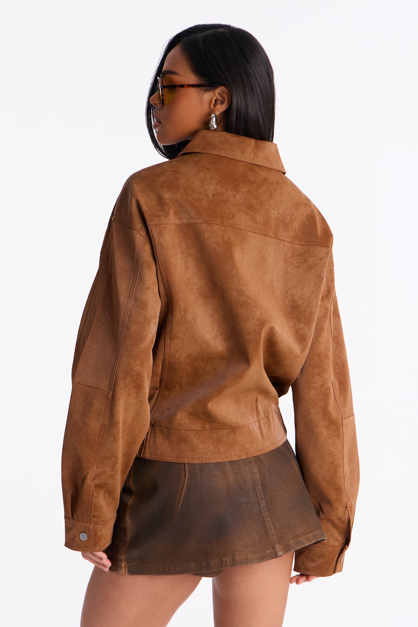 Corey Washed Faux Leather Bomber Jacket - Tan