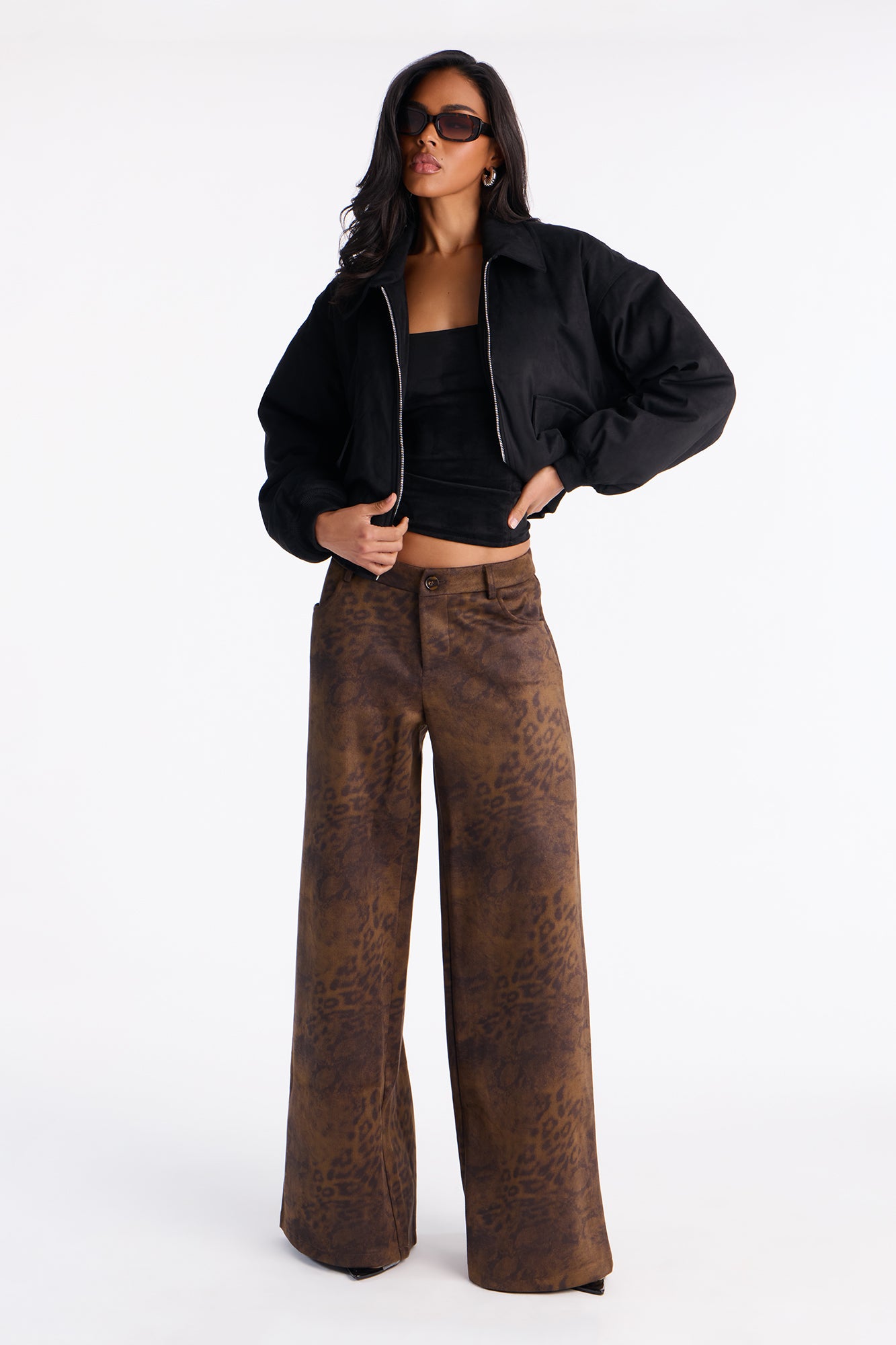 Jessica Cropped Faux Suede Bomber Jacket - Black