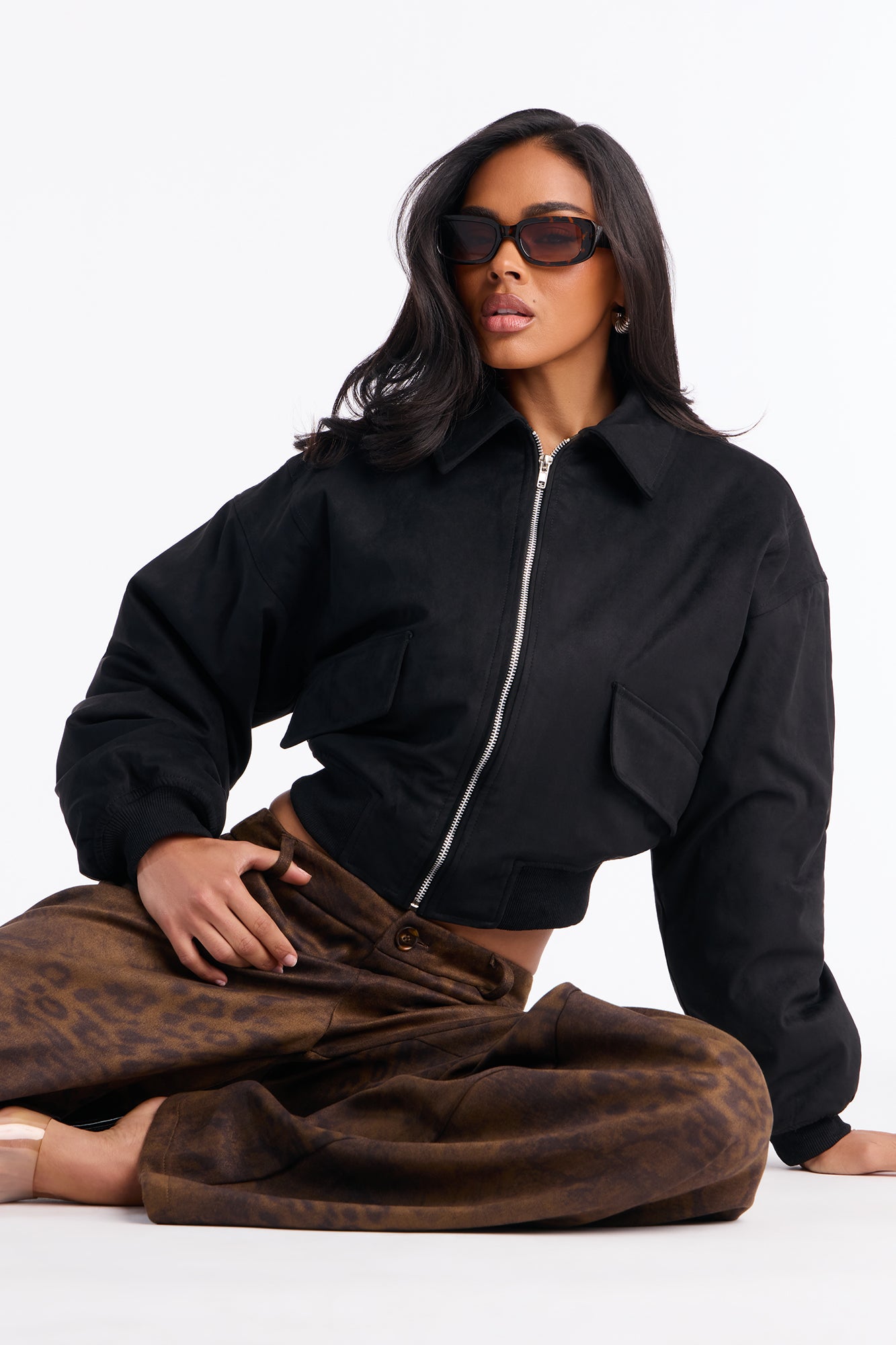 Jessica Cropped Faux Suede Bomber Jacket - Black