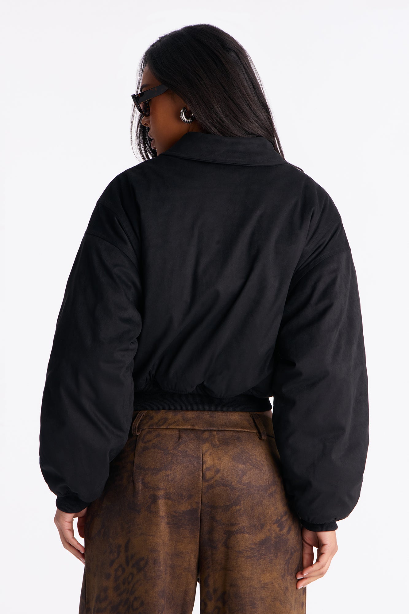 Jessica Cropped Faux Suede Bomber Jacket - Black