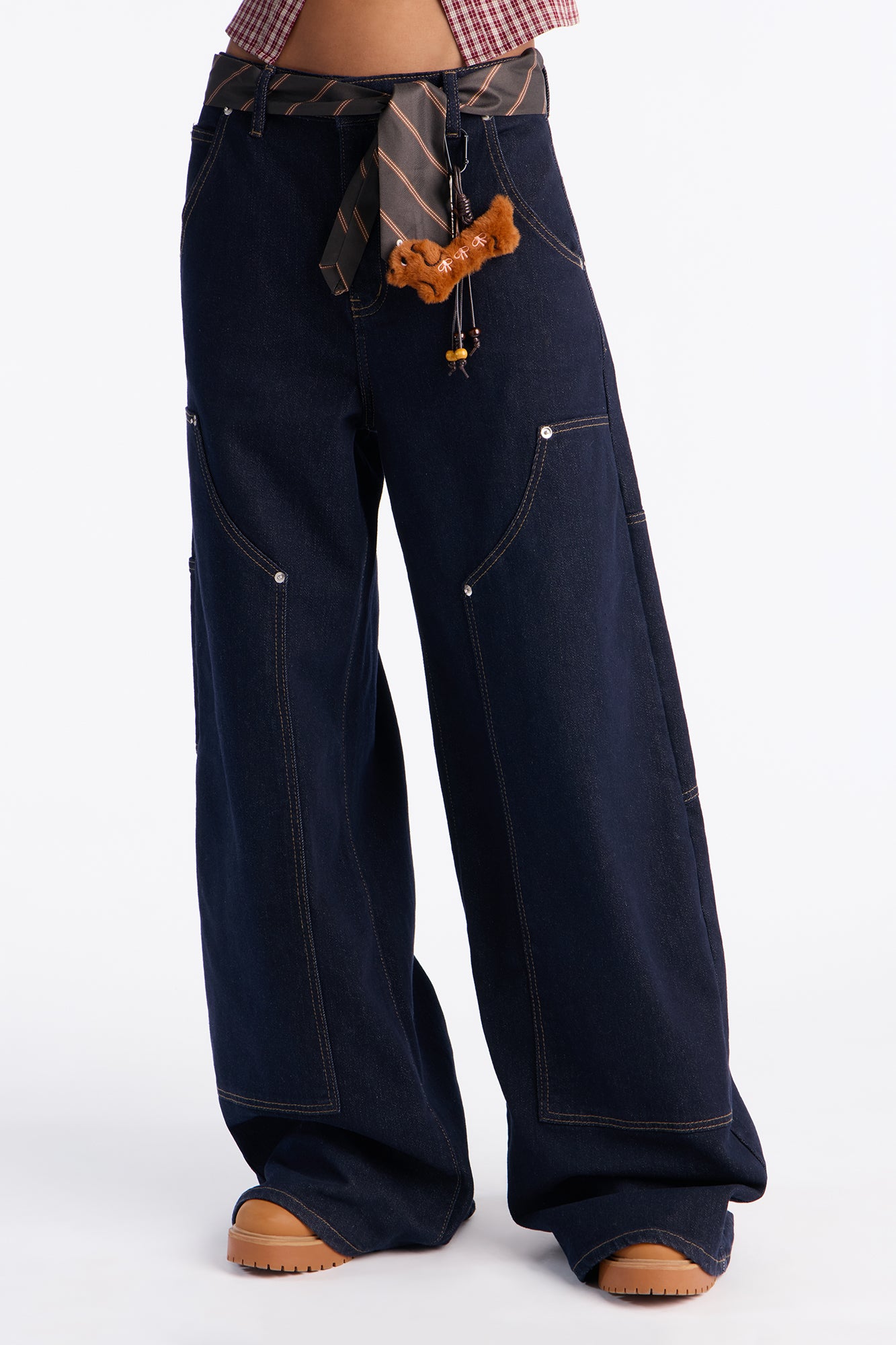 Make It Snappy Tie Belt And Charms Jeans - Dark Denim
