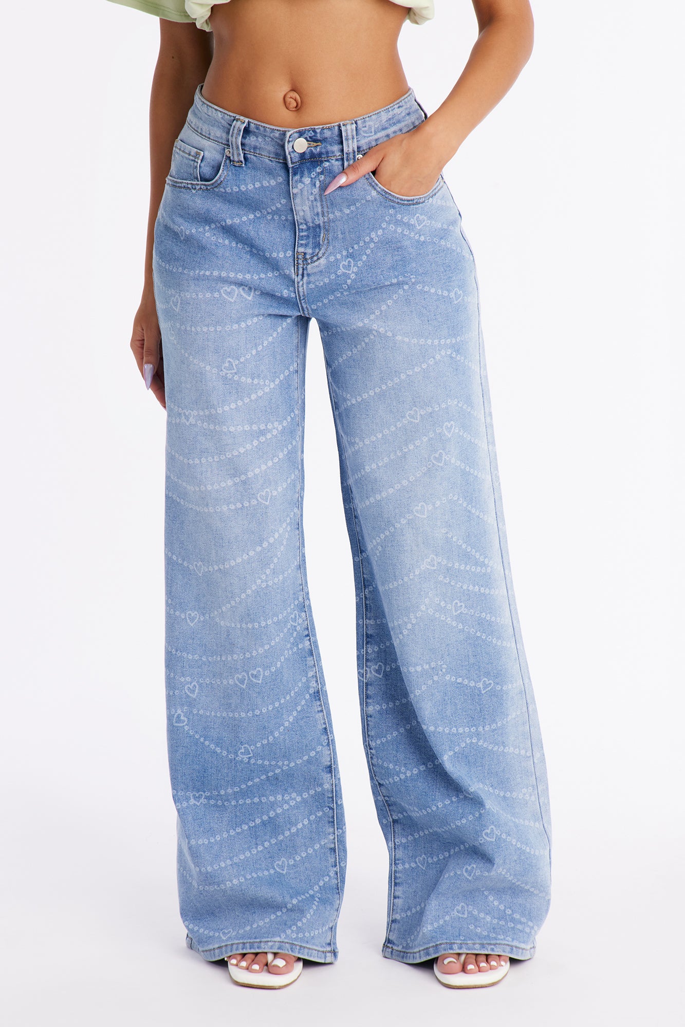 Heart In Chains Printed Wide Leg Jeans - Medium Wash