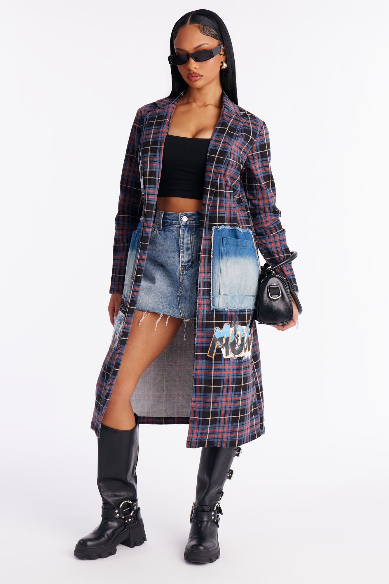 All Patched Up Plaid Graffiti Long Blazer - Purple/combo