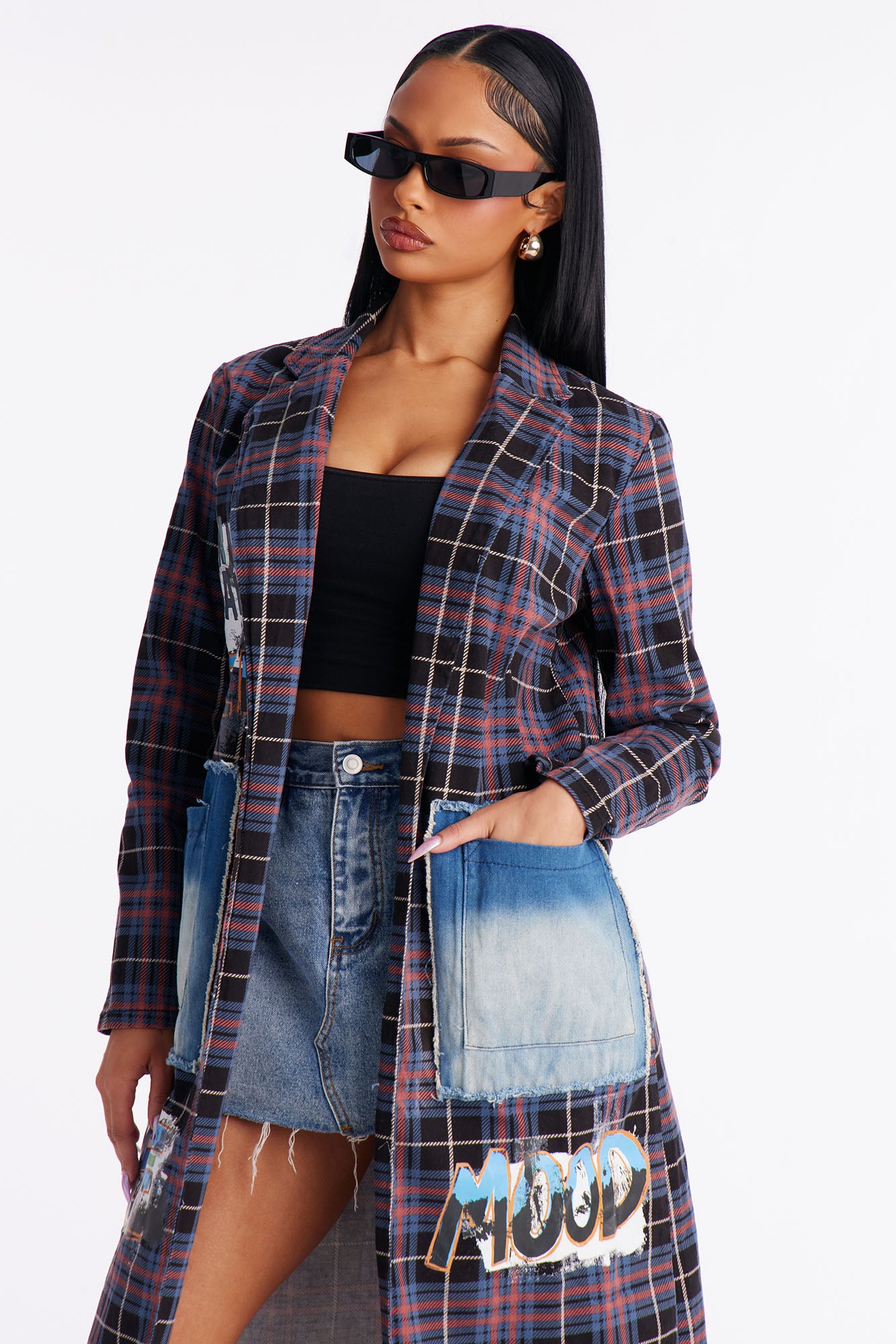 All Patched Up Plaid Graffiti Long Blazer - Purple/combo