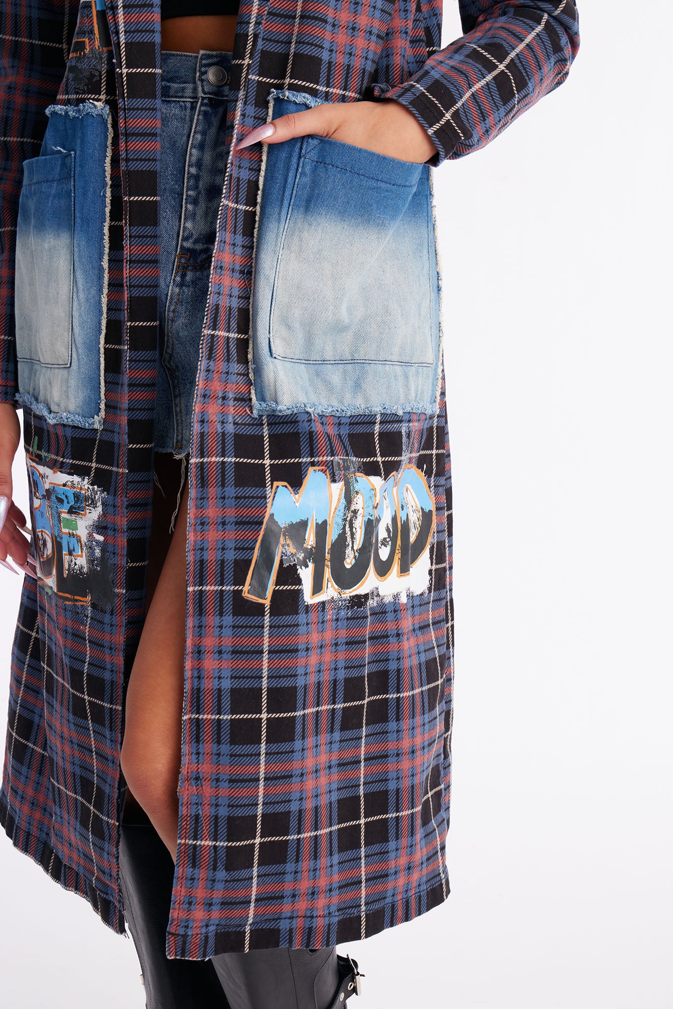 All Patched Up Plaid Graffiti Long Blazer - Purple/combo