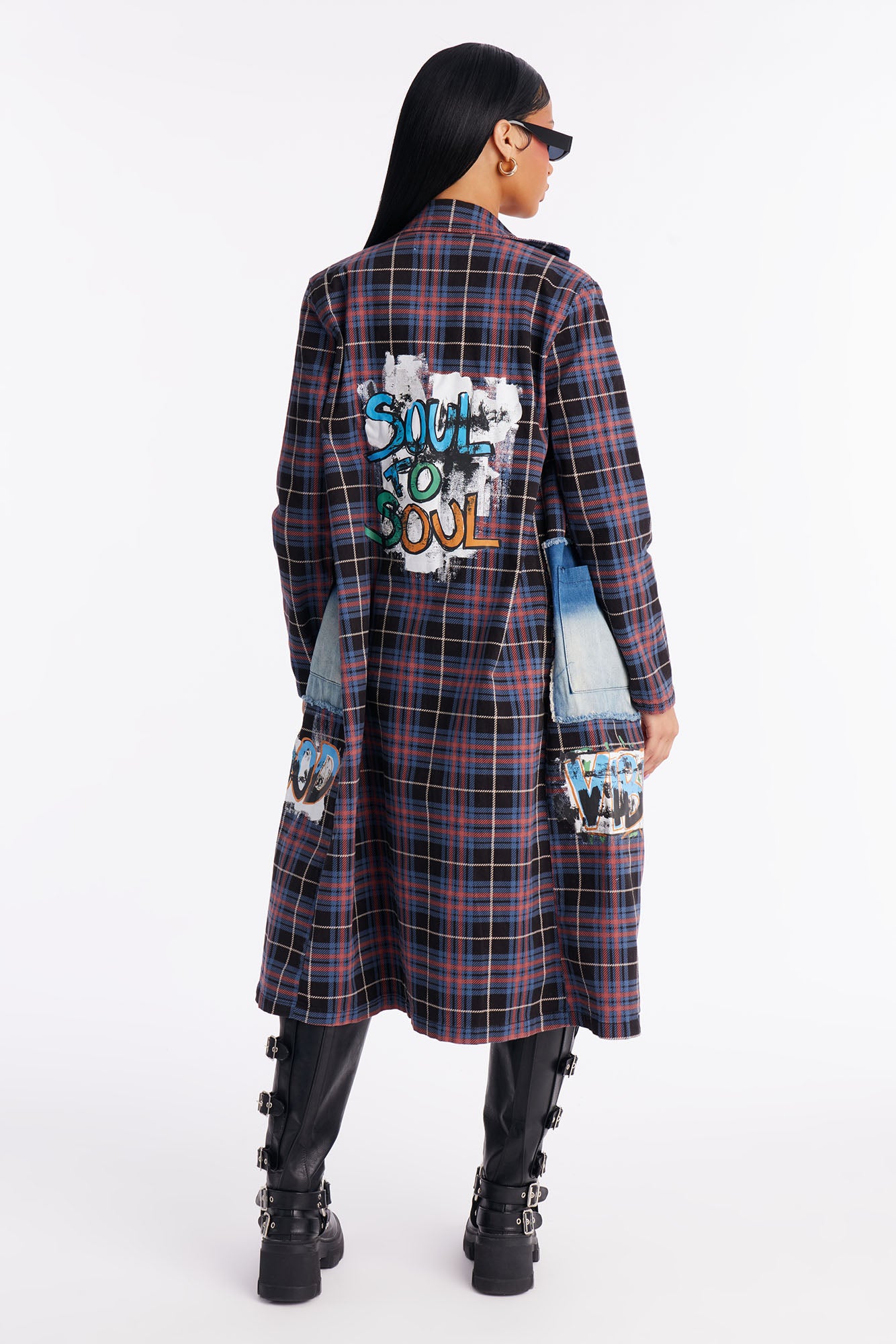 All Patched Up Plaid Graffiti Long Blazer - Purple/combo
