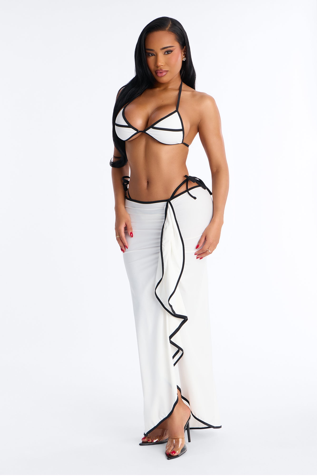 Iris Colorblock Ruffle 3 Piece Bikini Skirt Set - White