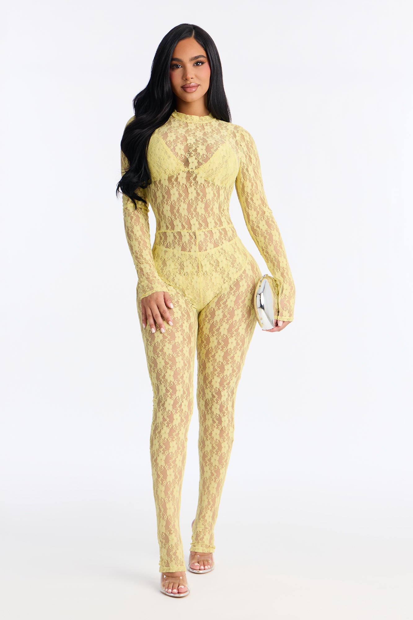 Angelica Lace Stirrup Catsuit 3 Piece Set - Butter Yellow