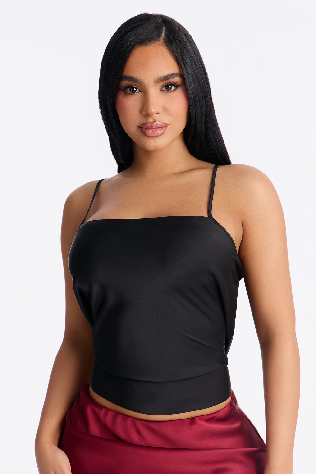 Remi Peplum Satin Cami Top - Black