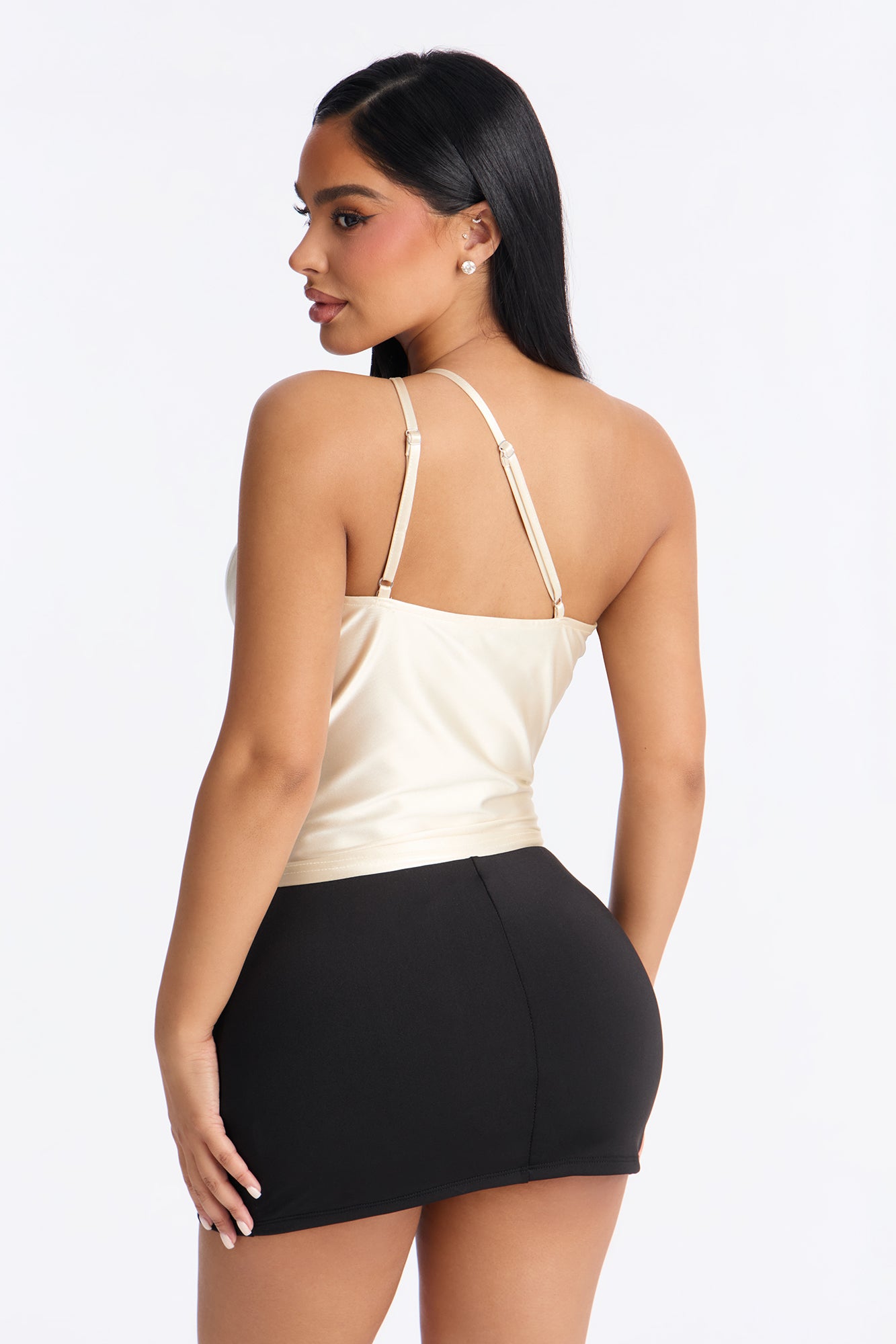 Ella One Shoulder Lace Trim Top - Champagne