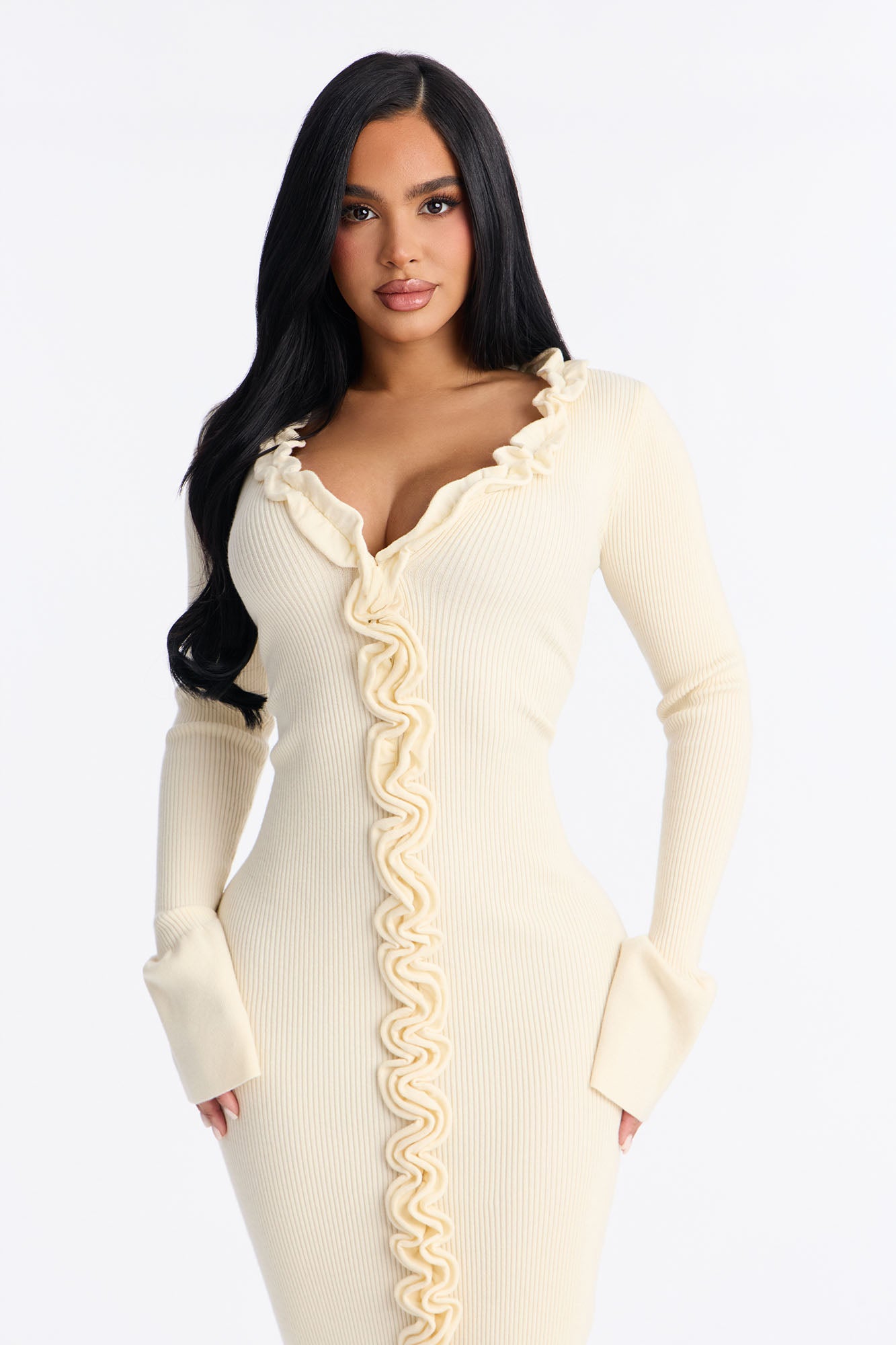 Sweet But Spicy Ruffle Midi Dress - Cream