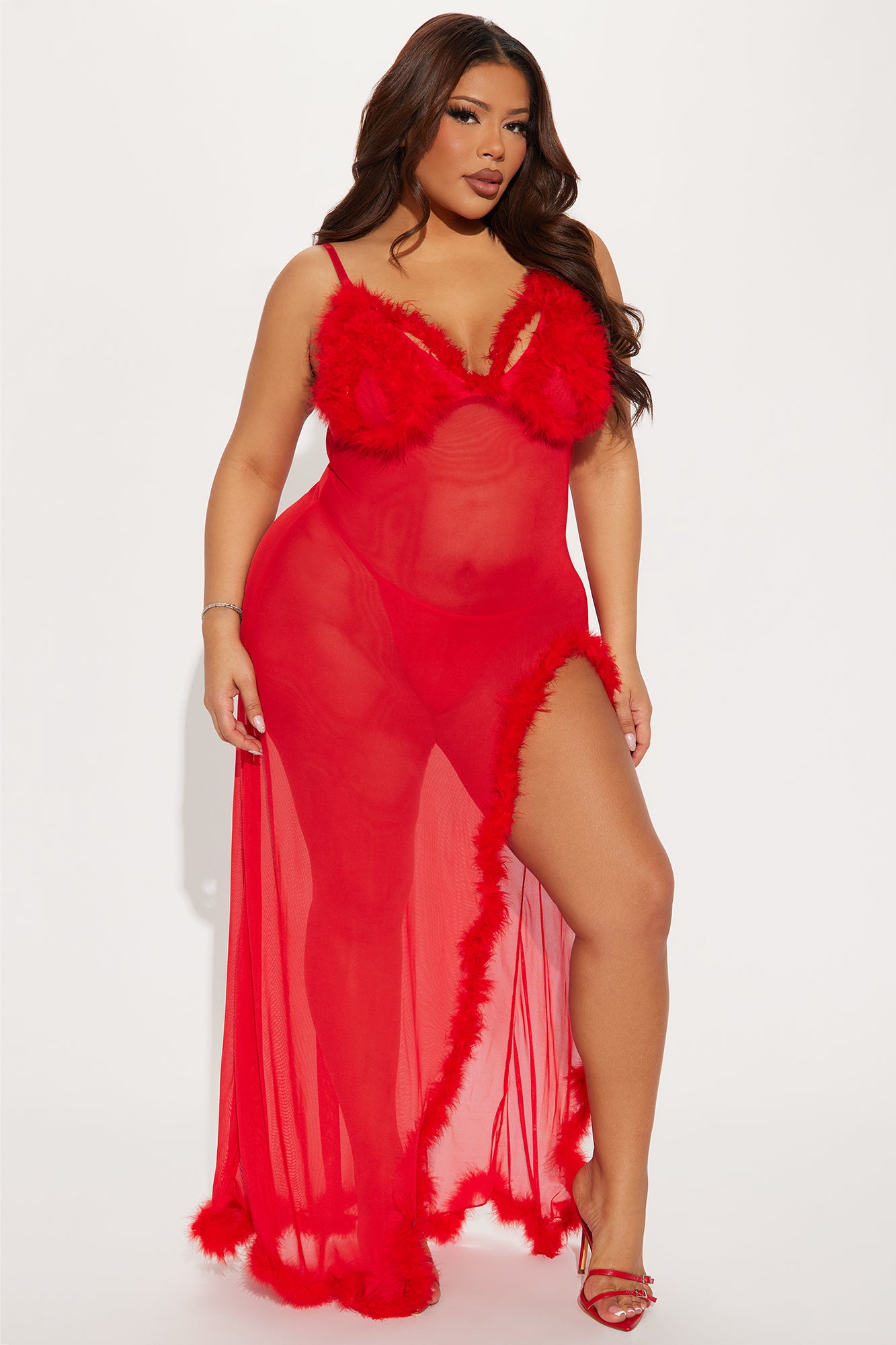 Sweet Lust Feather Maxi Gown Babydoll - Red