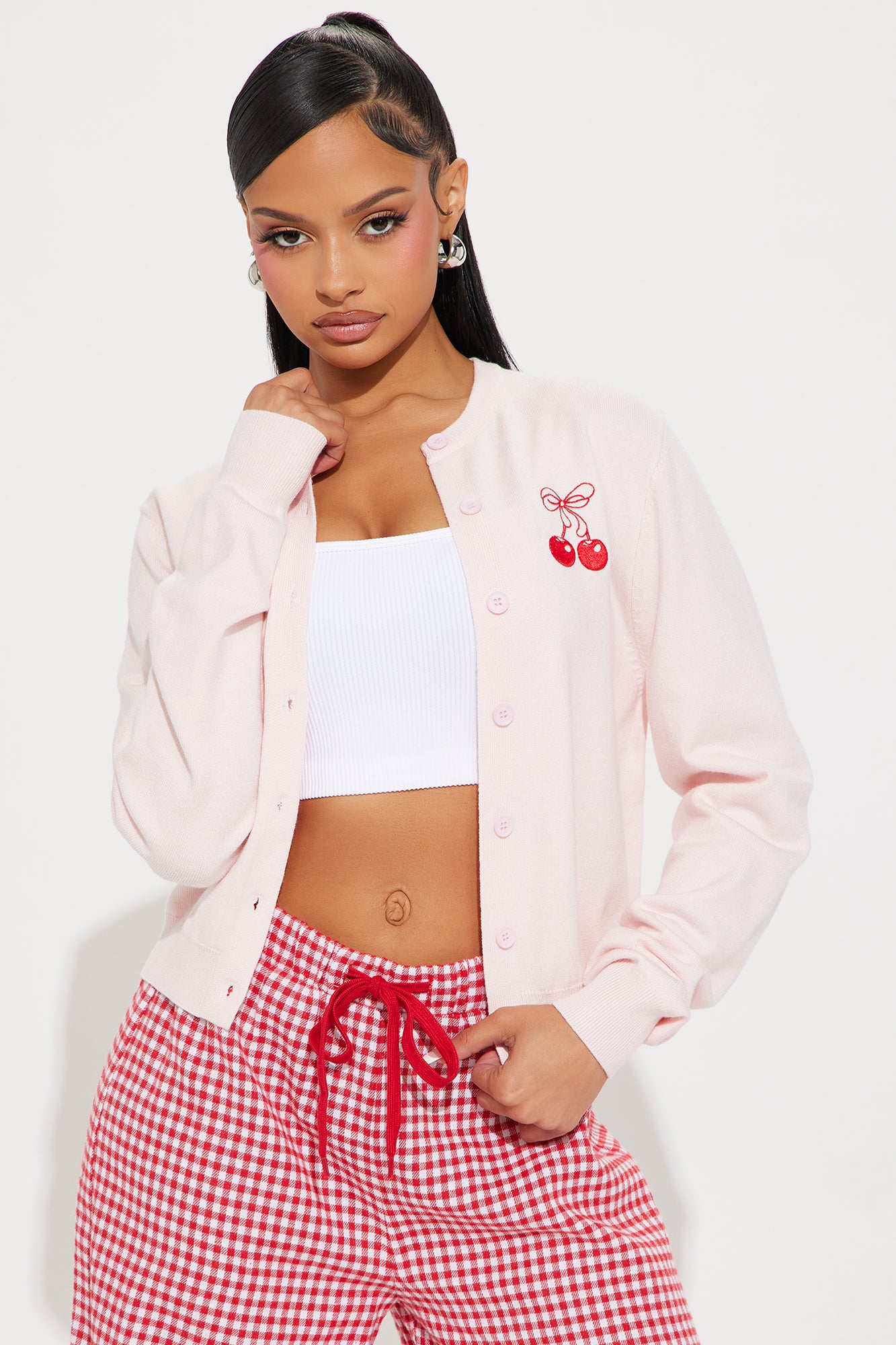 Bow On Top Cherry Cardigan - Pink