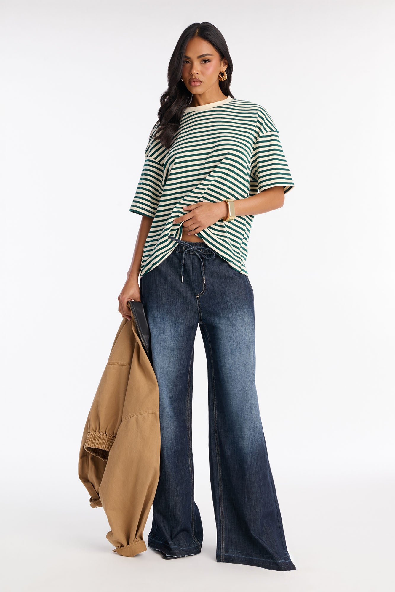 Marina Stretch Crosshatch Tie Waist Jeans - Dark Wash