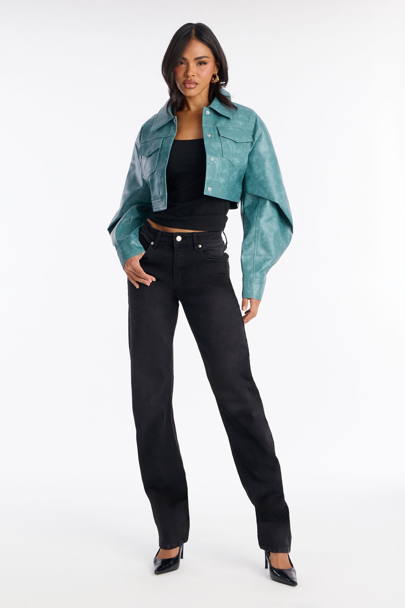 Stevie Cropped Washed Faux Leather Trucker Jacket - Teal