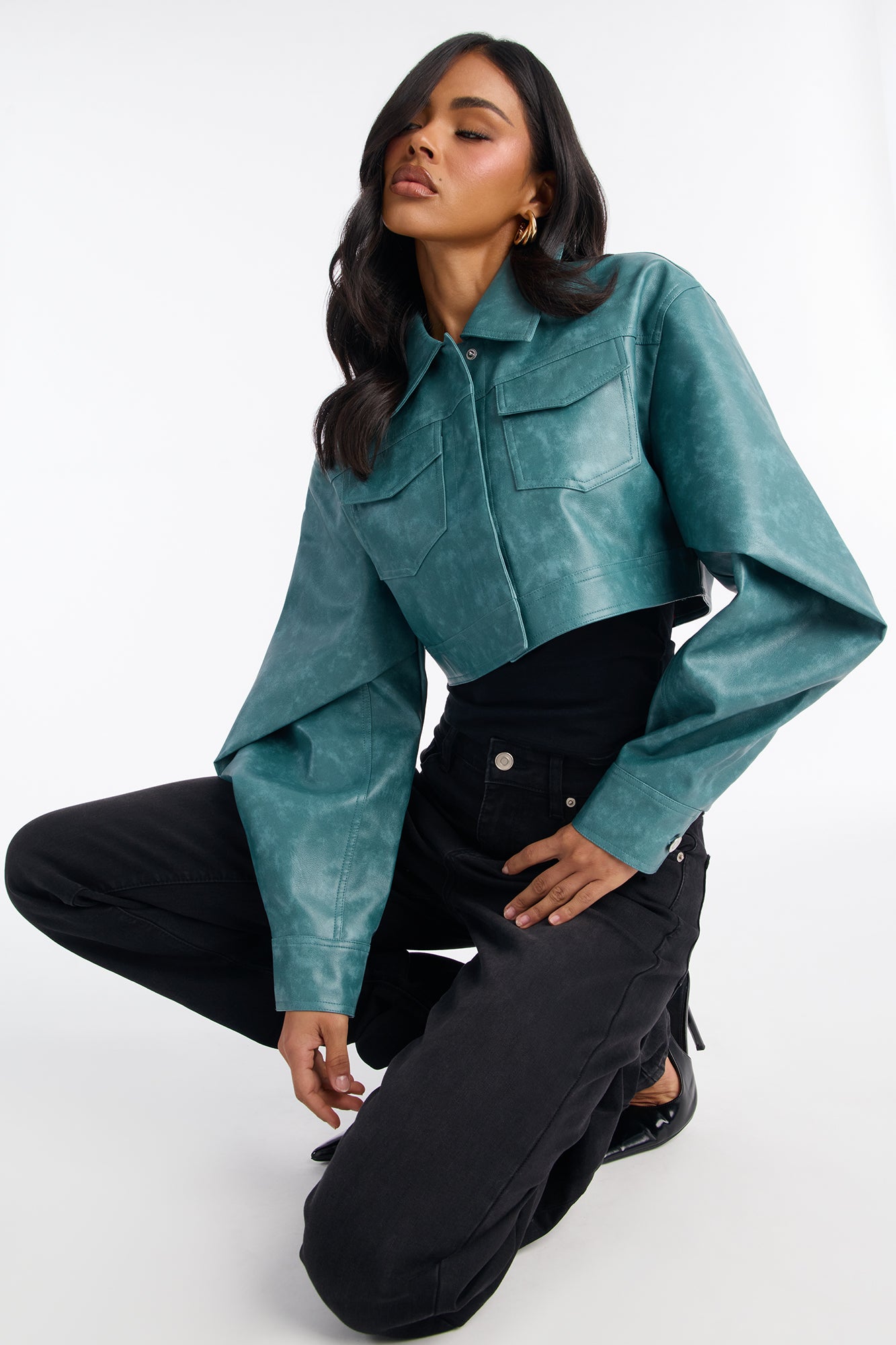 Stevie Cropped Washed Faux Leather Trucker Jacket - Teal