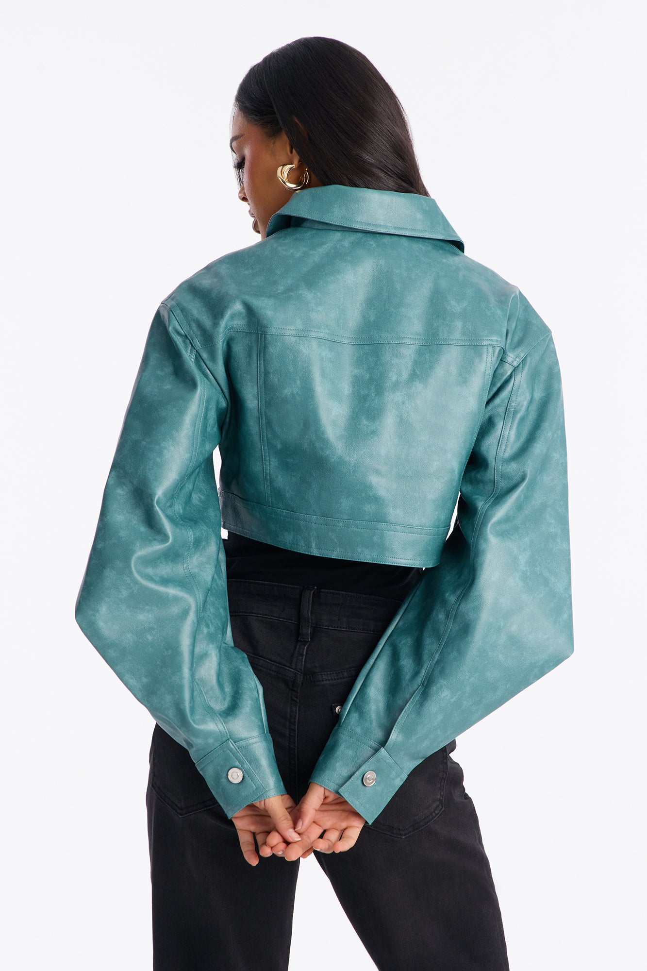 Stevie Cropped Washed Faux Leather Trucker Jacket - Teal