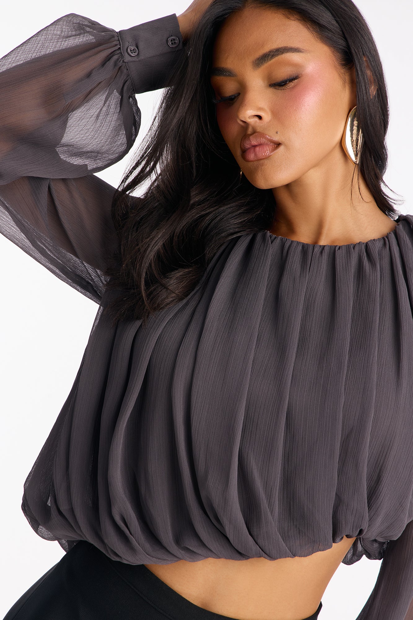 Anyah Asymmetrical Ruched Chiffon Top - Charcoal