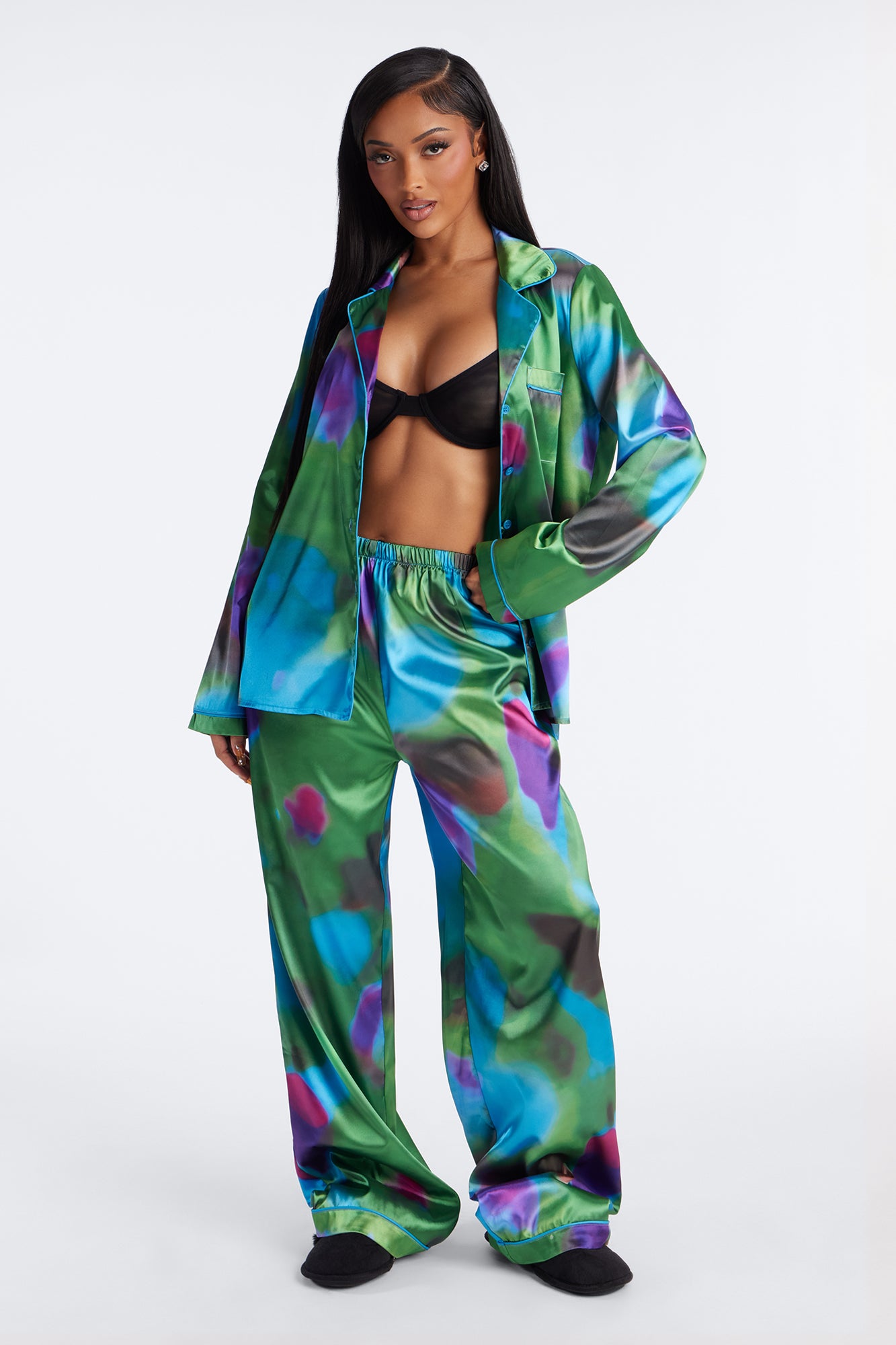 Bedtime Stretch Satin Long Sleeve PJ Pant Set - Blue/combo