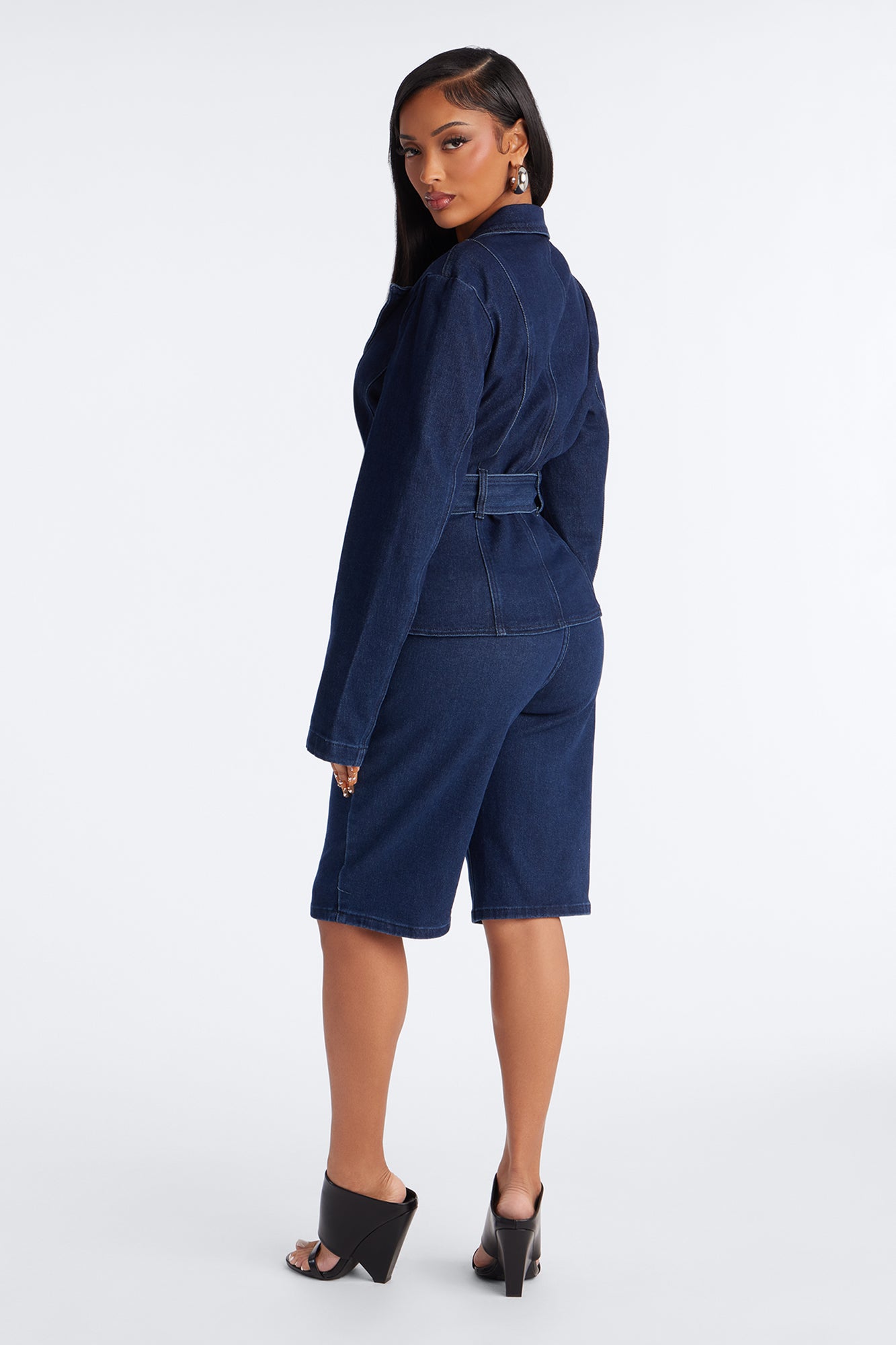 Kendra Washed Denim Blazer Jort Set - Dark Wash