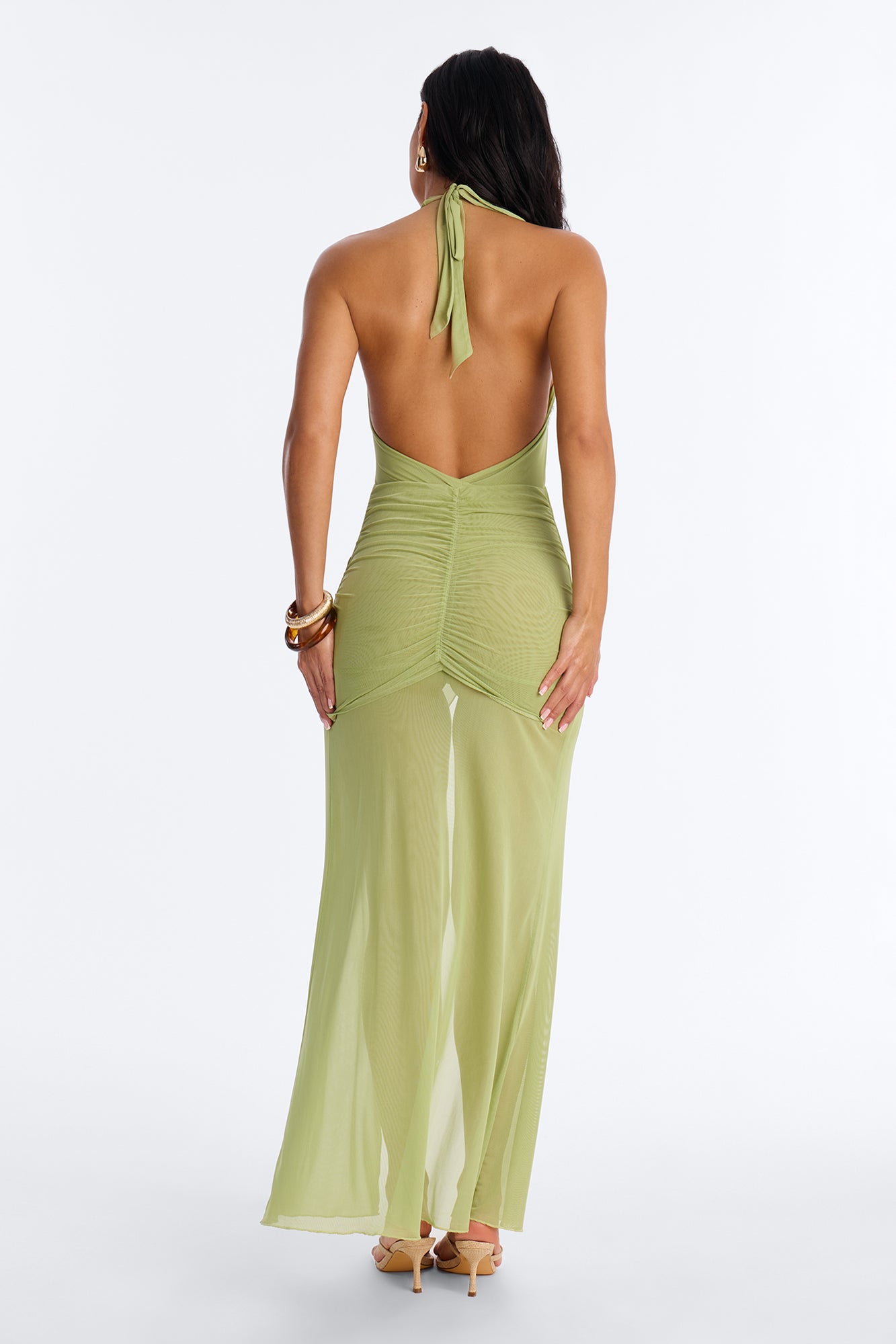 Ruby Sheer Ruched High Slit Swim Cover Up Dress - Green