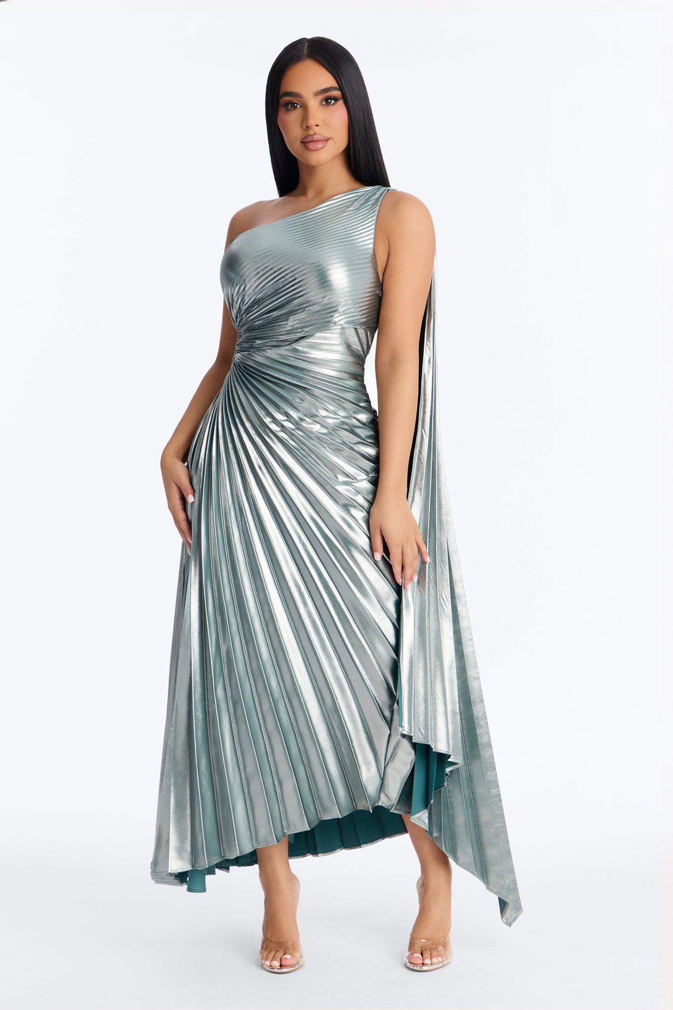 Cleo Pleated Metallic Gown - Teal