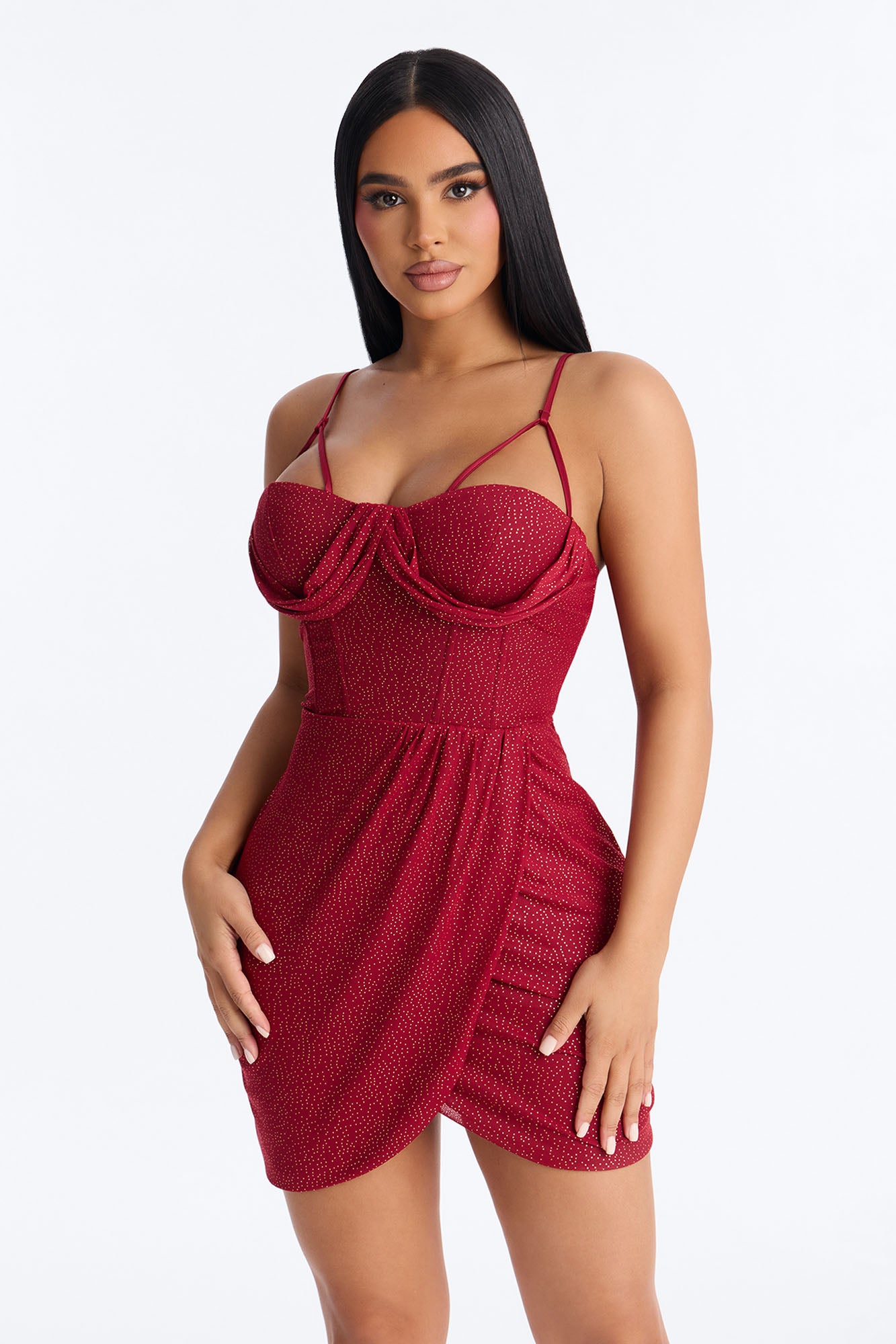 Sasha Strappy Glitter Mesh Mini Dress - Wine