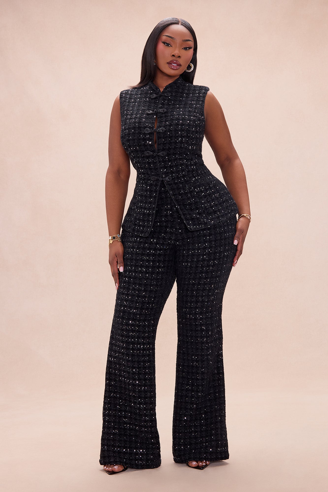 Romey Embellished Tweed Pant Set - Black